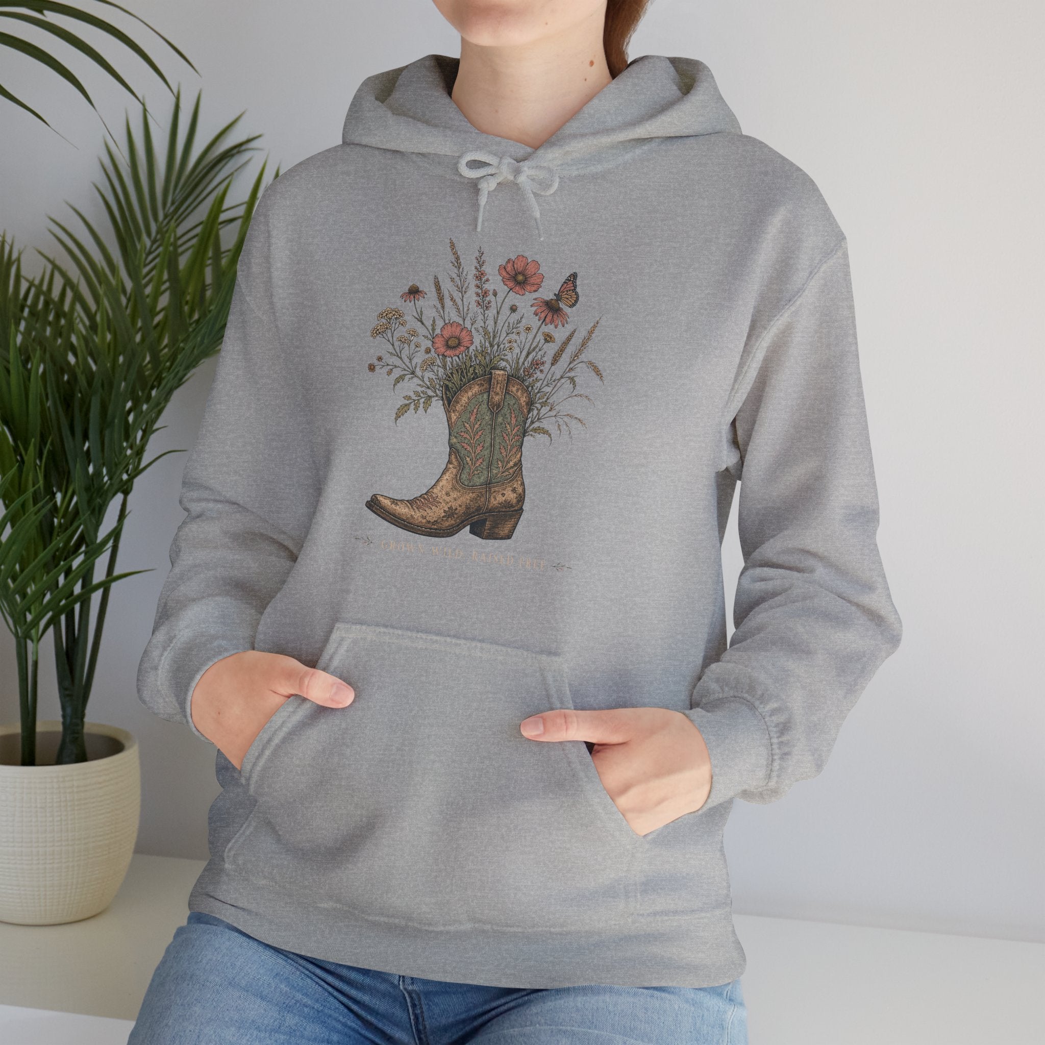 Grown Wild Cowboy Boot Wildflower Hoodie, Botanical Western Pullover Sweatshirt, Cowgirl Fleece Hoodie