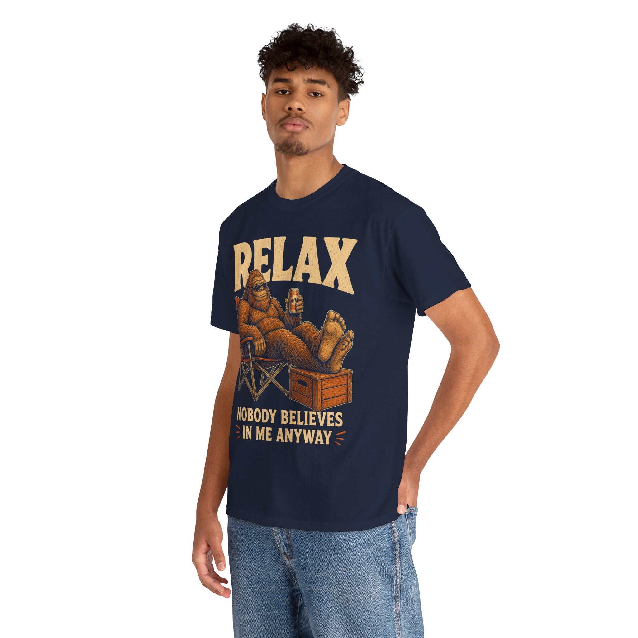 Funny Bigfoot Camp Chair T-Shirt – Relax Nobody Believes In Me Tee