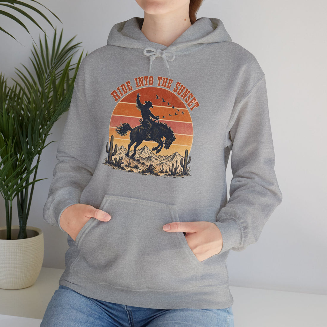 Bucking Bronco Rodeo Sunset Hoodie, Retro Western Cowboy Silhouette Pullover Sweatshirt, Unisex Fleece Hoodie