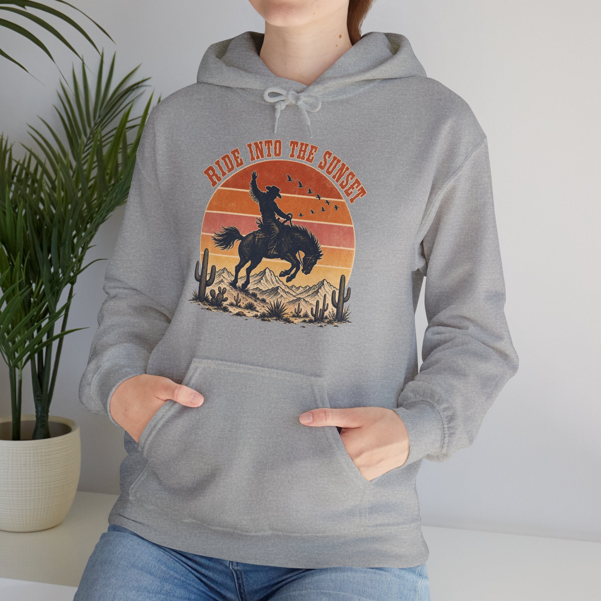 Bucking Bronco Rodeo Sunset Hoodie, Retro Western Cowboy Silhouette Pullover Sweatshirt, Unisex Fleece Hoodie