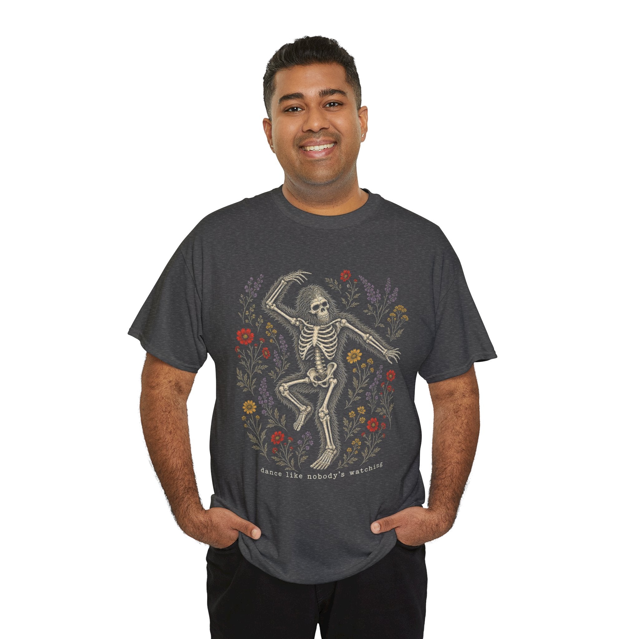 Dancing Bigfoot Skeleton T-Shirt – Whimsical Wildflower Graphic Tee