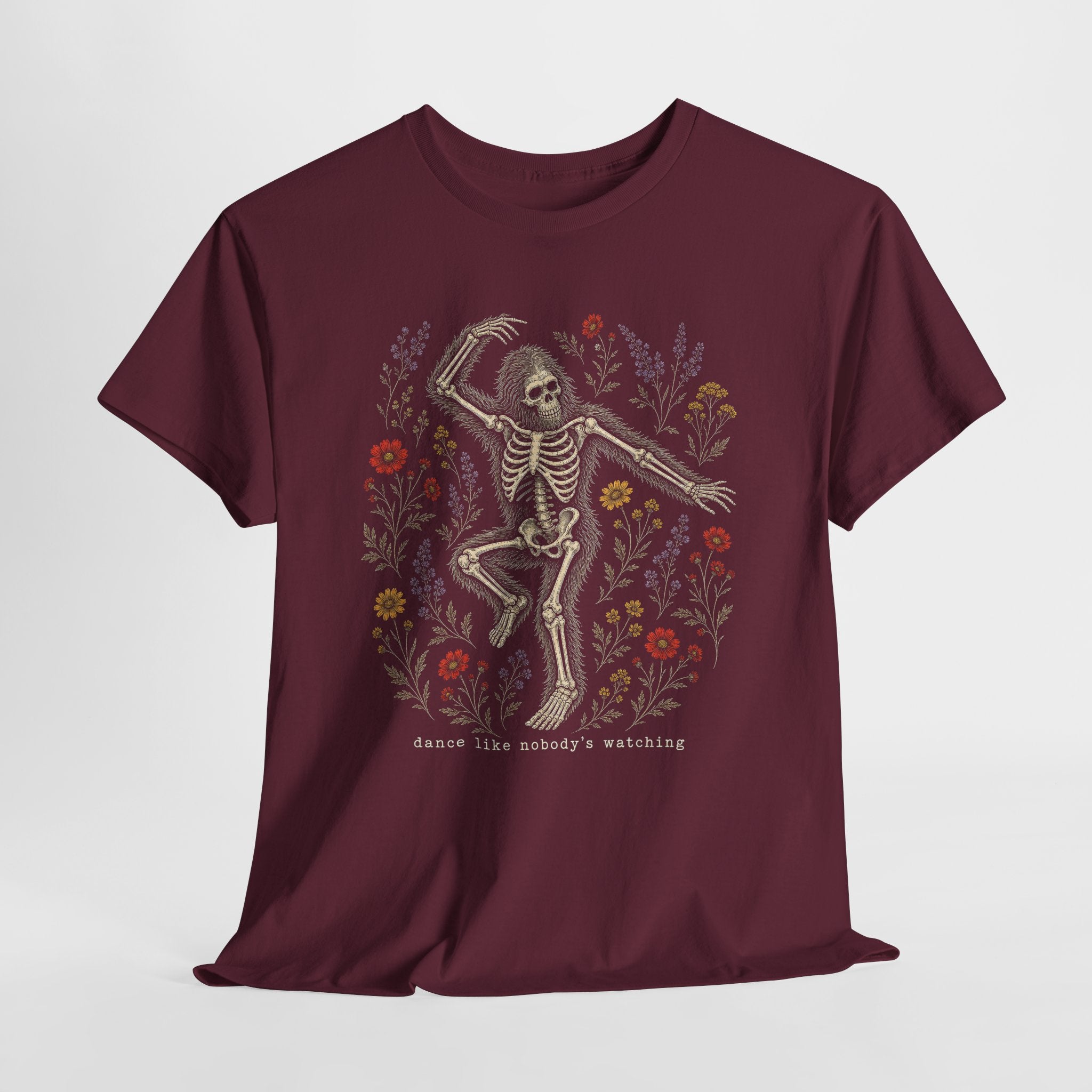 Dancing Bigfoot Skeleton T-Shirt – Whimsical Wildflower Graphic Tee