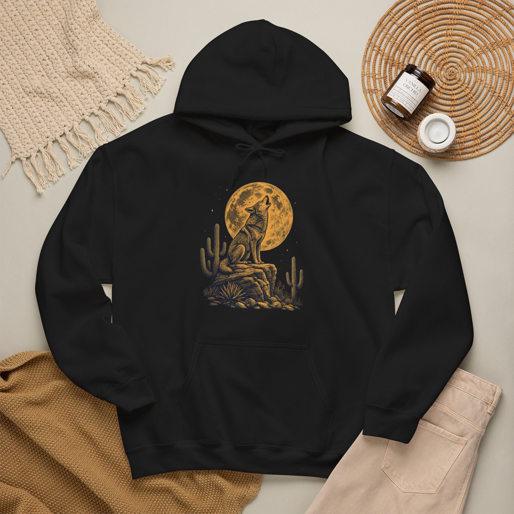 Howling Coyote Moon Hoodie, Vintage Western Desert Night Graphic Pullover Sweatshirt, Unisex Fleece Hoodie