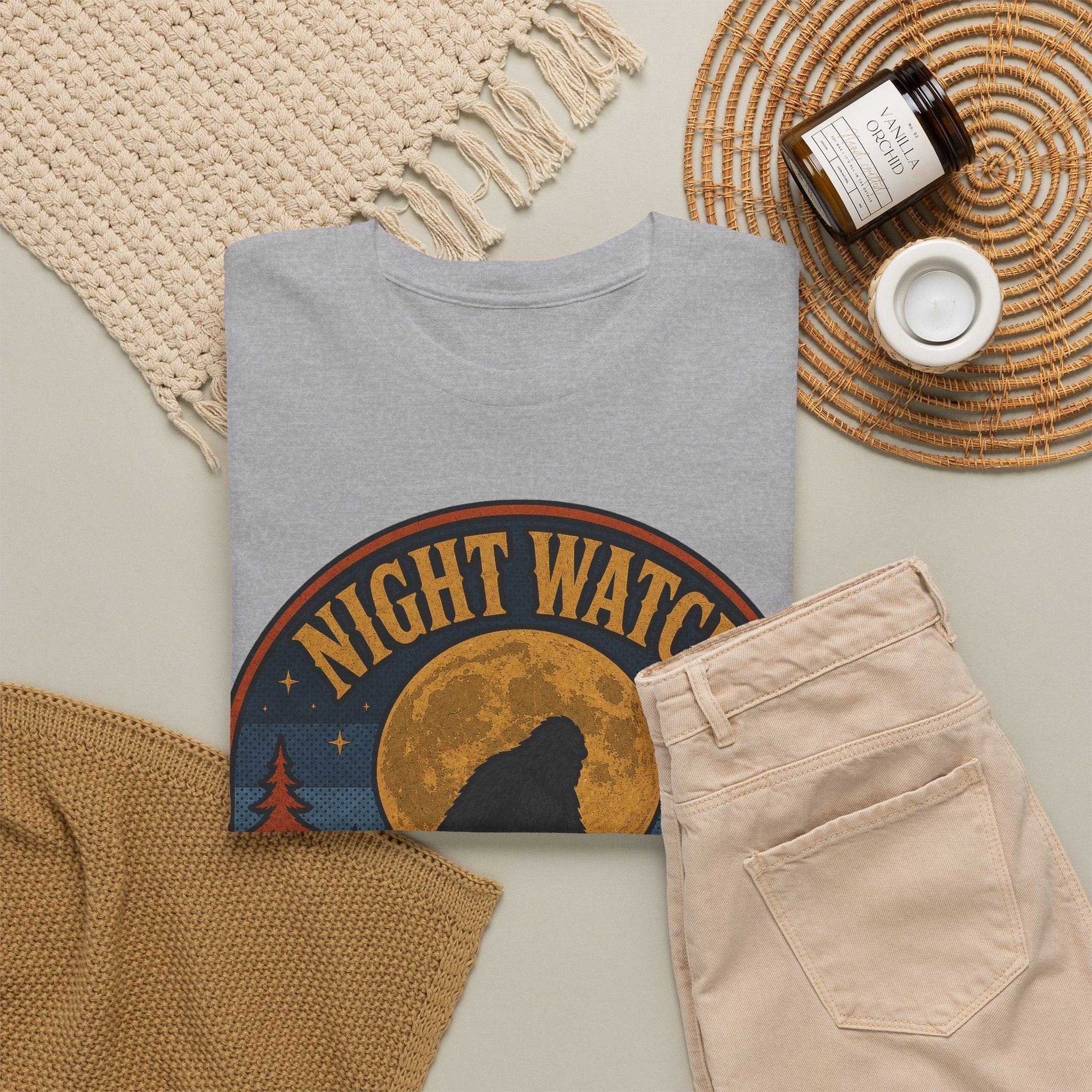 Sasquatch Night Watch T-Shirt – Retro Bigfoot Full Moon Badge Graphic Tee