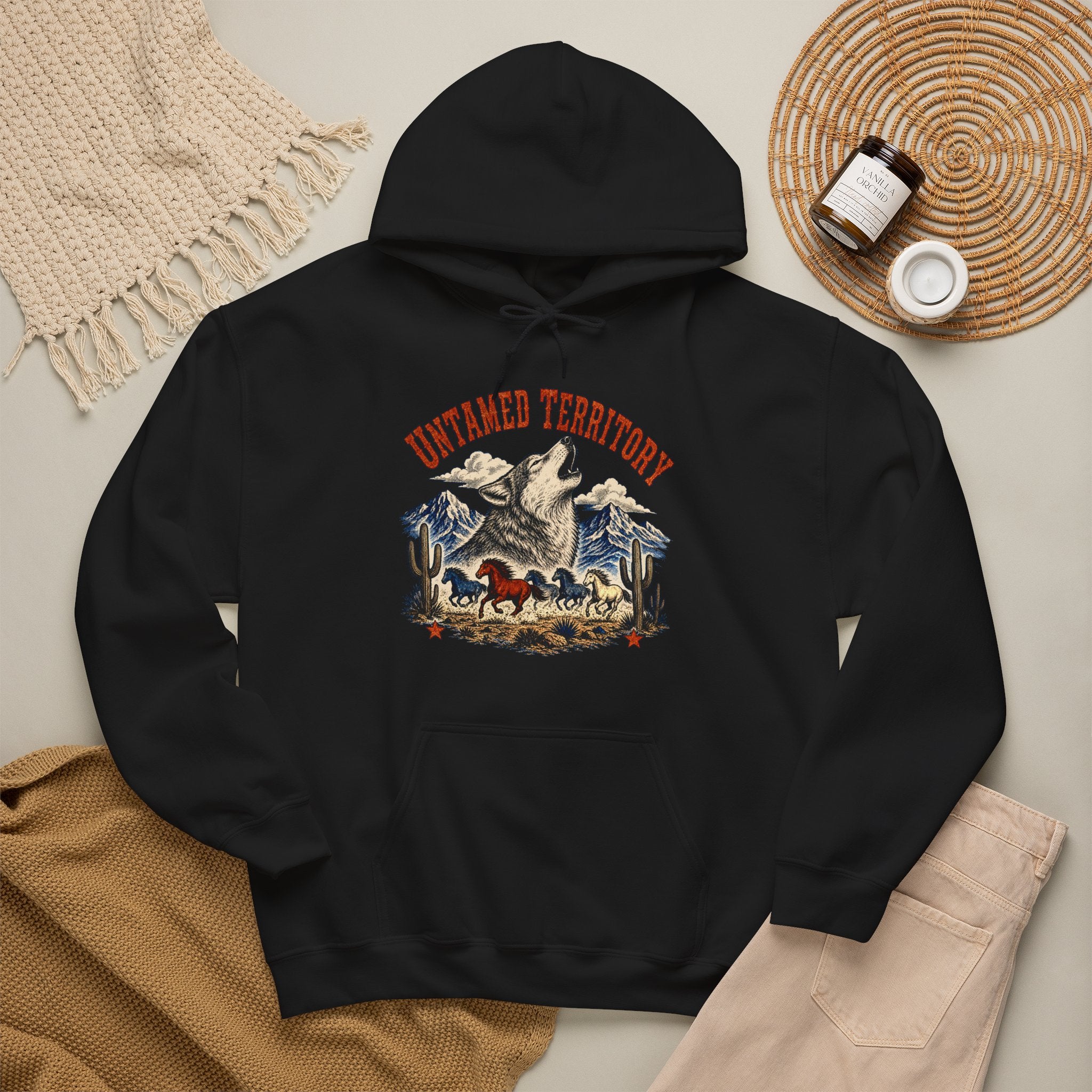 Untamed Territory Wolf Badge Hoodie, Western Frontier Wildlife Pullover Sweatshirt, Unisex Fleece Hoodie
