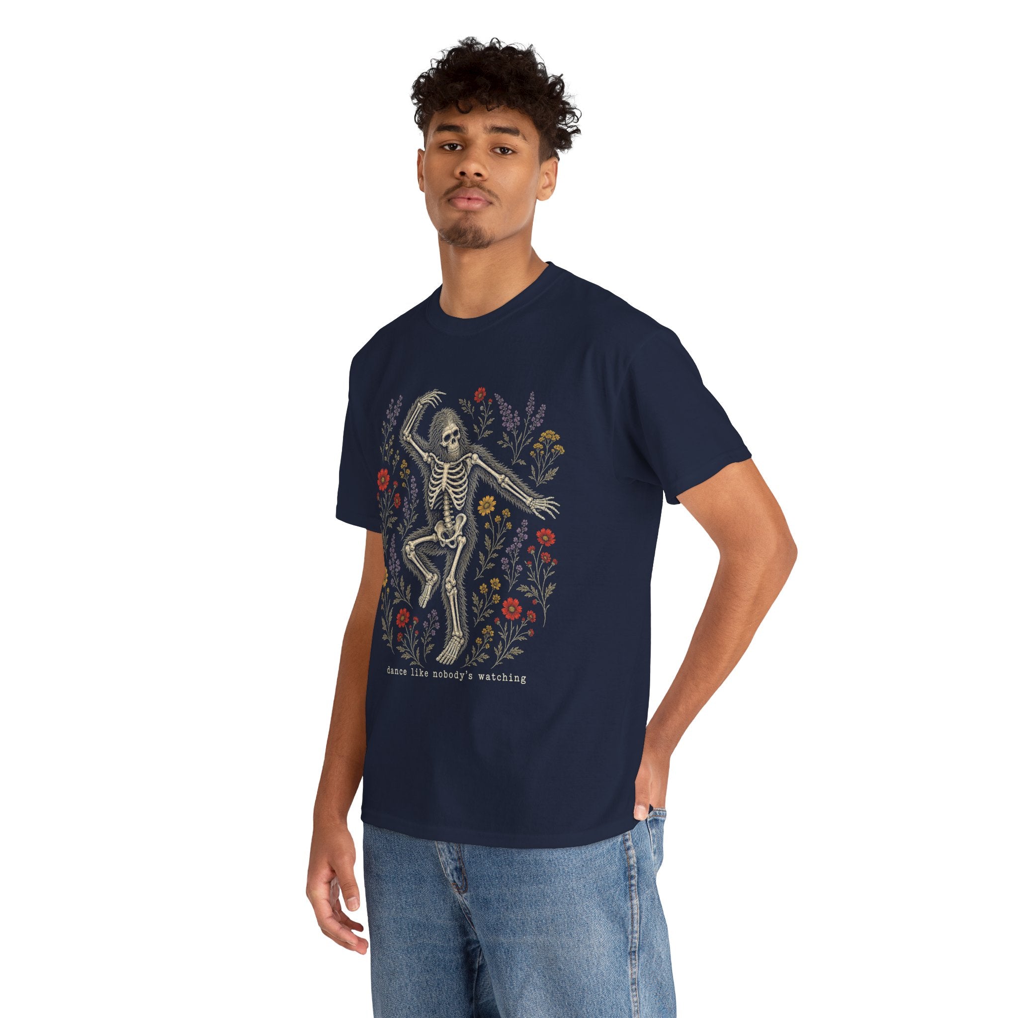 Dancing Bigfoot Skeleton T-Shirt – Whimsical Wildflower Graphic Tee
