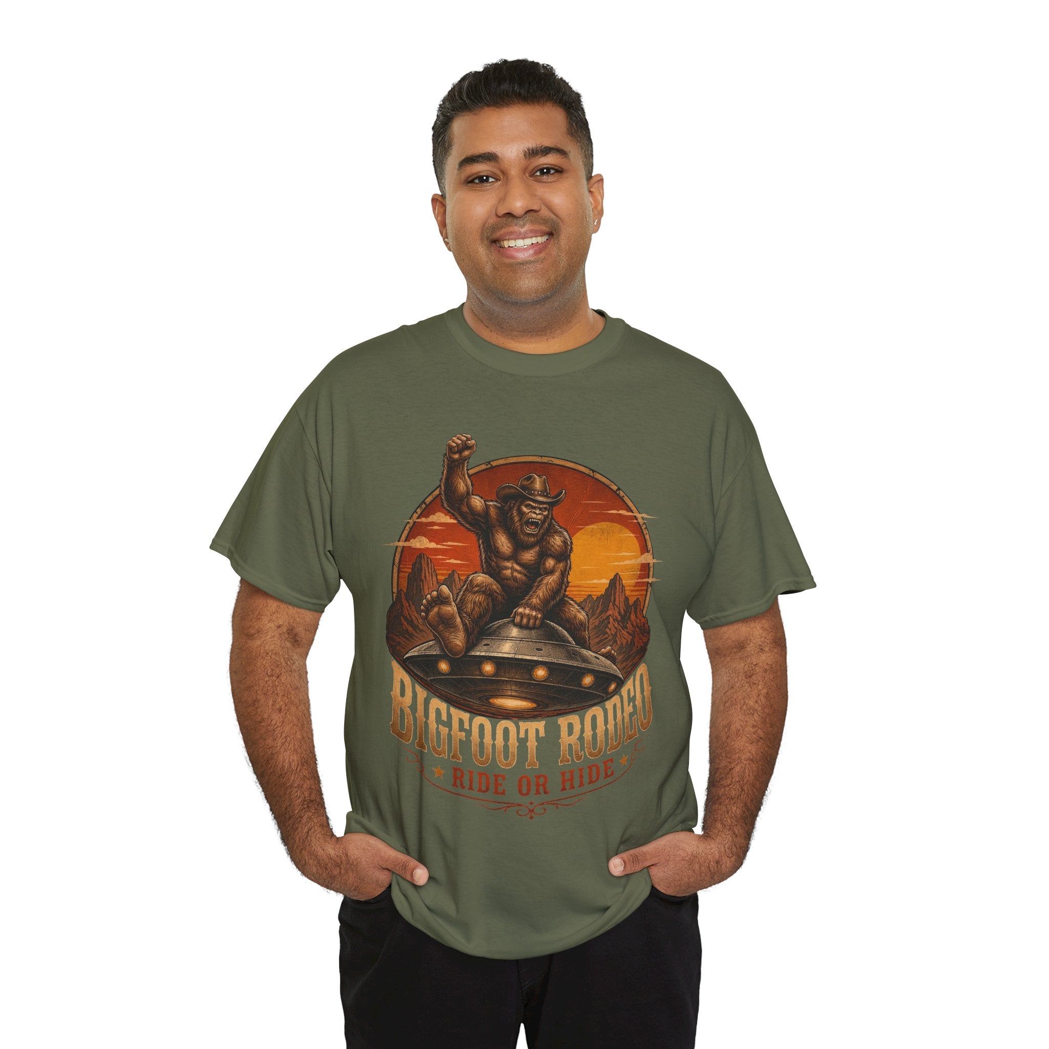 Bigfoot Rodeo T-Shirt – Funny Cowboy UFO Desert Graphic Tee
