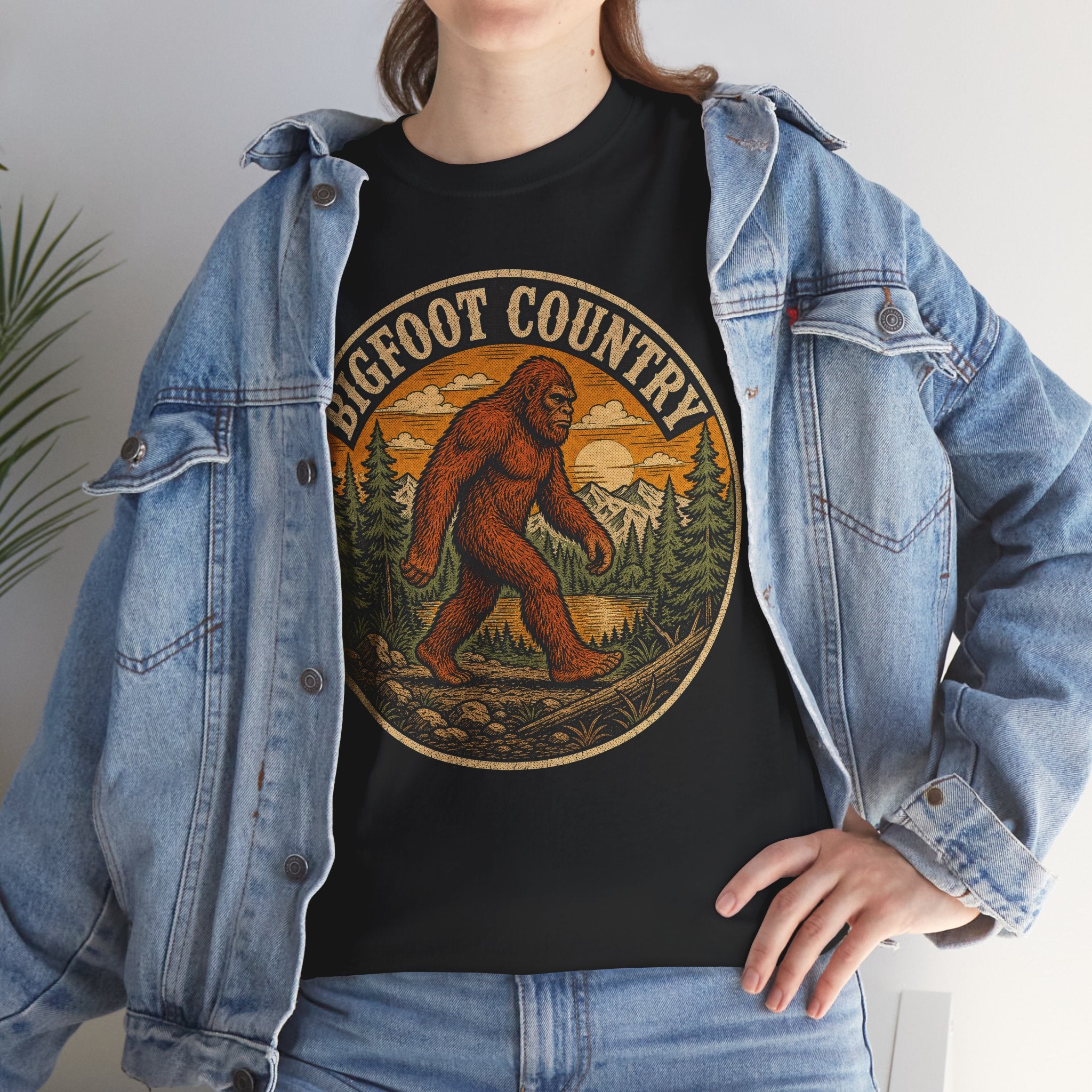 Bigfoot Country Vintage T-Shirt – Retro Sasquatch Forest Sunset Graphic Tee