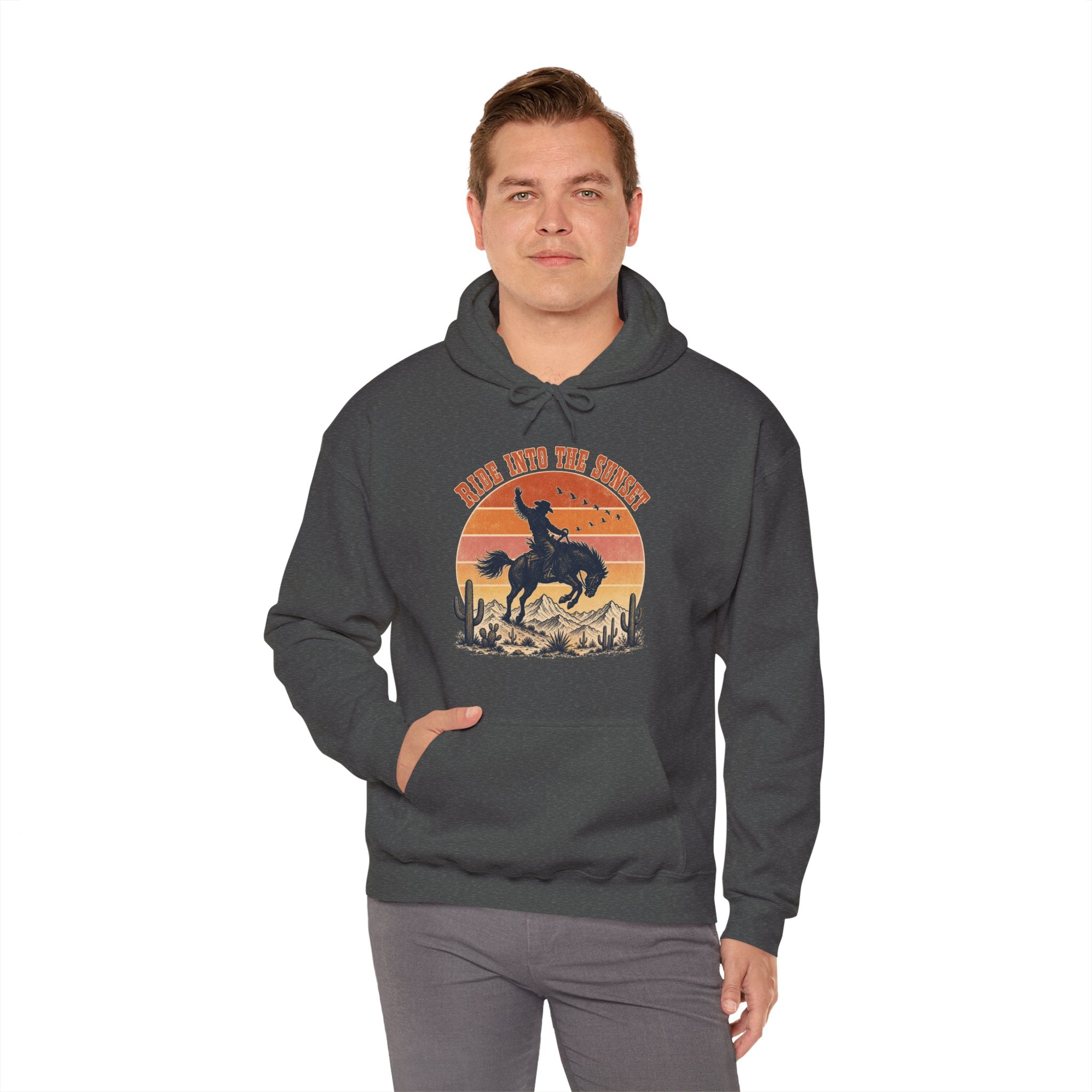 Bucking Bronco Rodeo Sunset Hoodie, Retro Western Cowboy Silhouette Pullover Sweatshirt, Unisex Fleece Hoodie