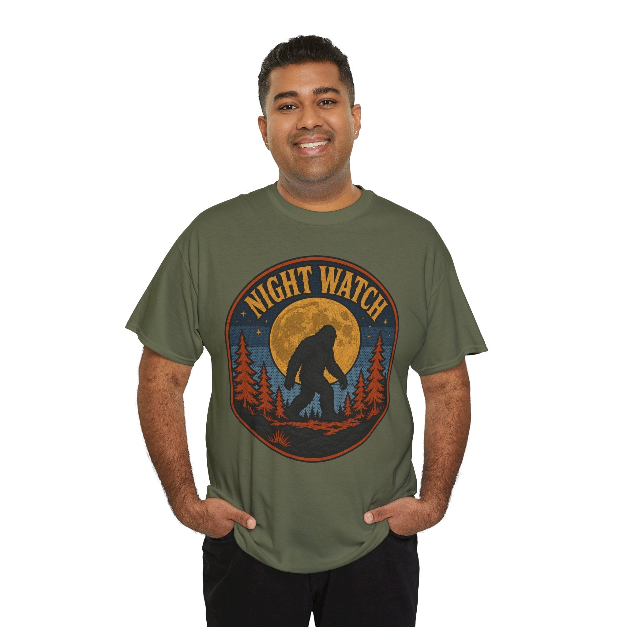Sasquatch Night Watch T-Shirt – Retro Bigfoot Full Moon Badge Graphic Tee