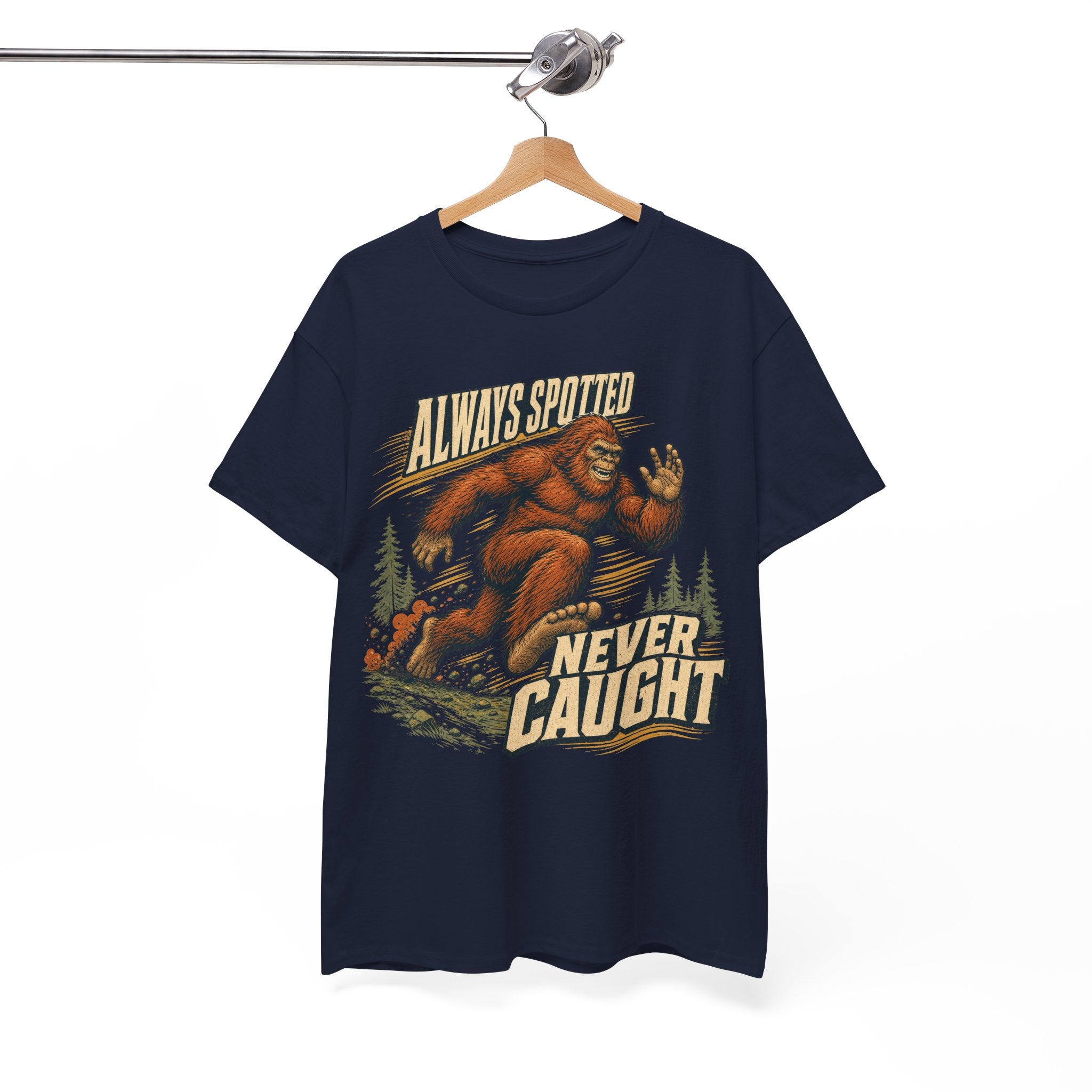 Funny Bigfoot Running T-Shirt – Always Spotted Never Caught Trail Graphic Tee