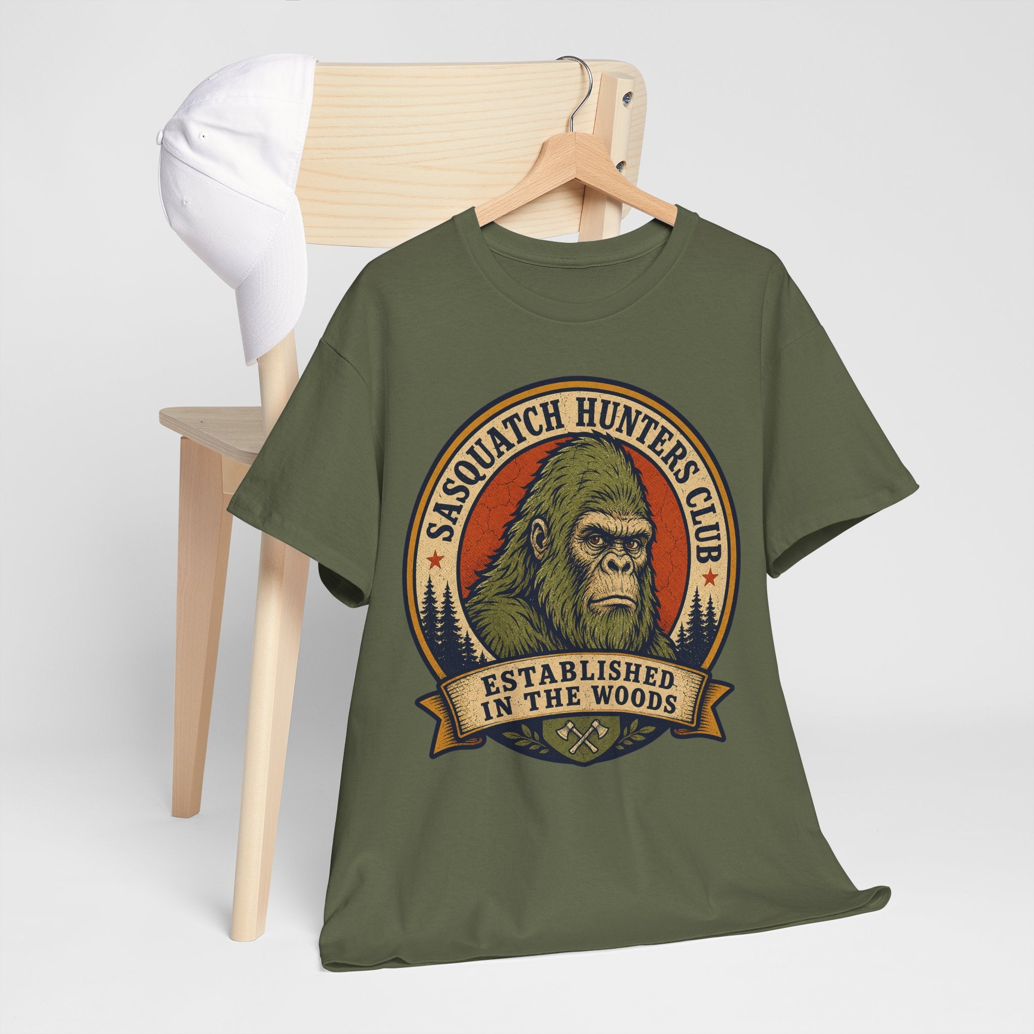 Sasquatch Hunters Club T-Shirt – Retro Bigfoot Emblem Badge Graphic Tee