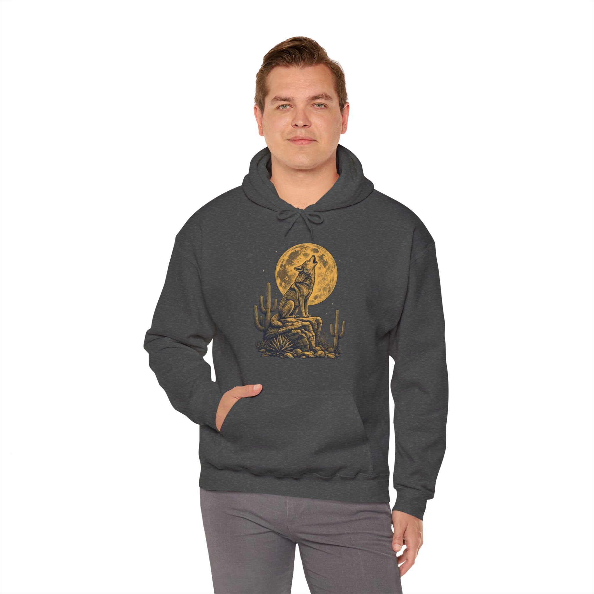 Howling Coyote Moon Hoodie, Vintage Western Desert Night Graphic Pullover Sweatshirt, Unisex Fleece Hoodie