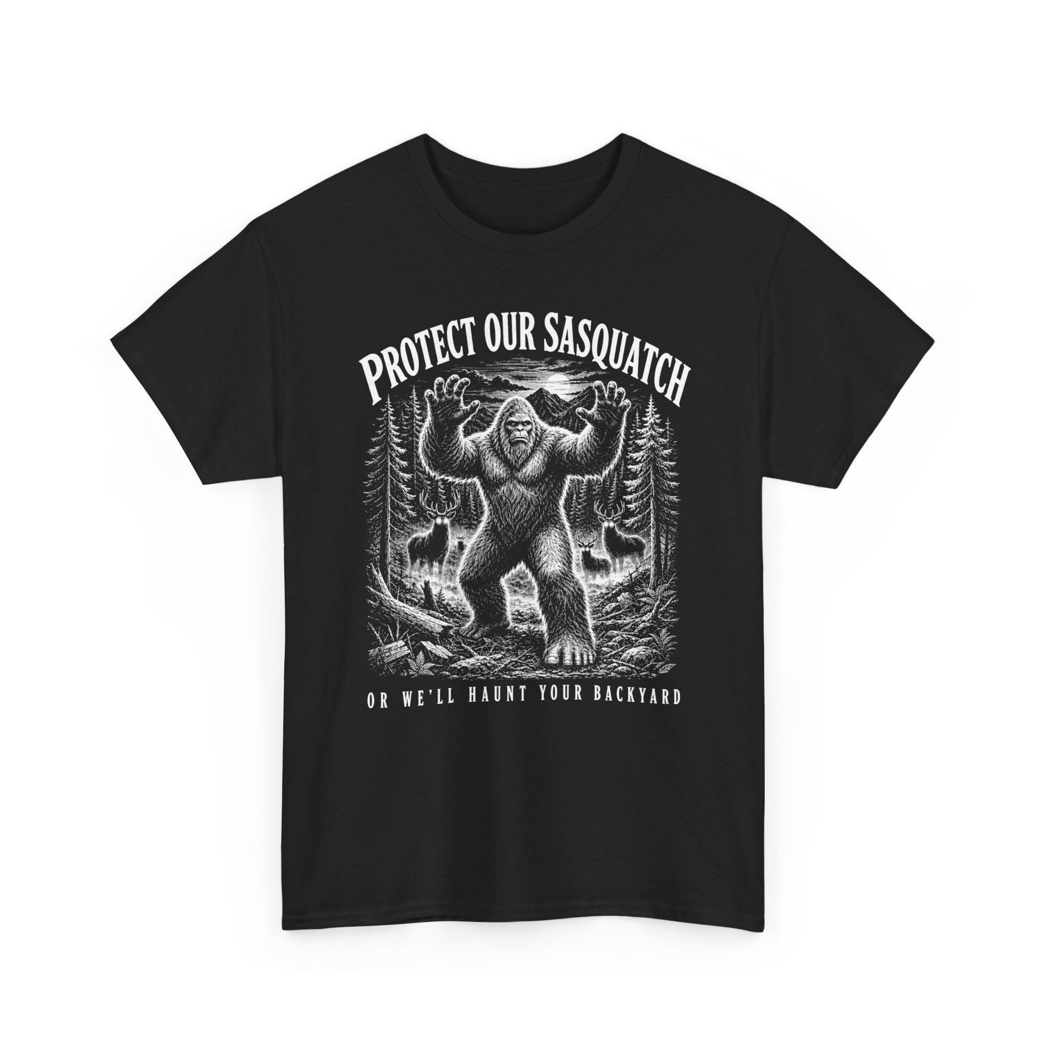 Protect Our Sasquatch T-Shirt – Woodcut Scratchboard Bigfoot Graphic Tee
