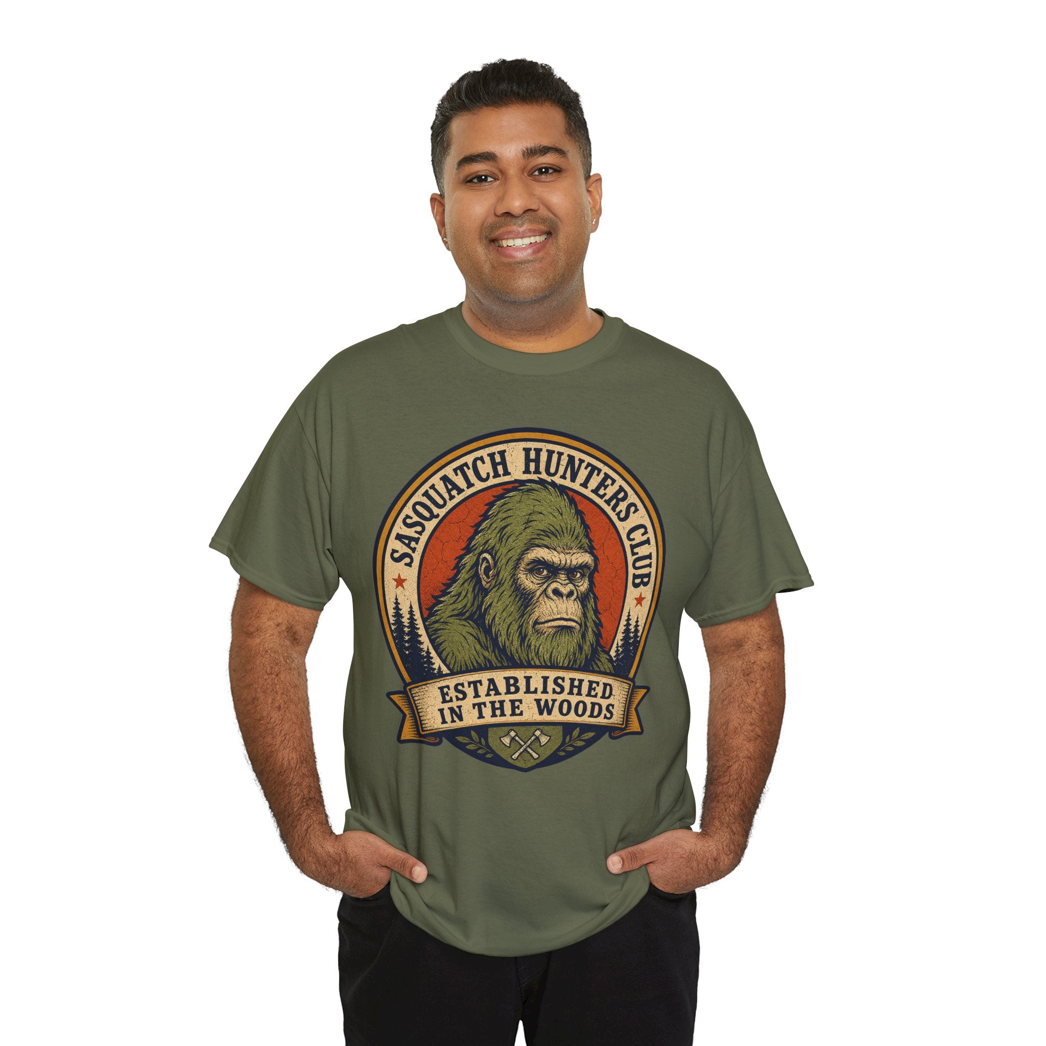 Sasquatch Hunters Club T-Shirt – Retro Bigfoot Emblem Badge Graphic Tee