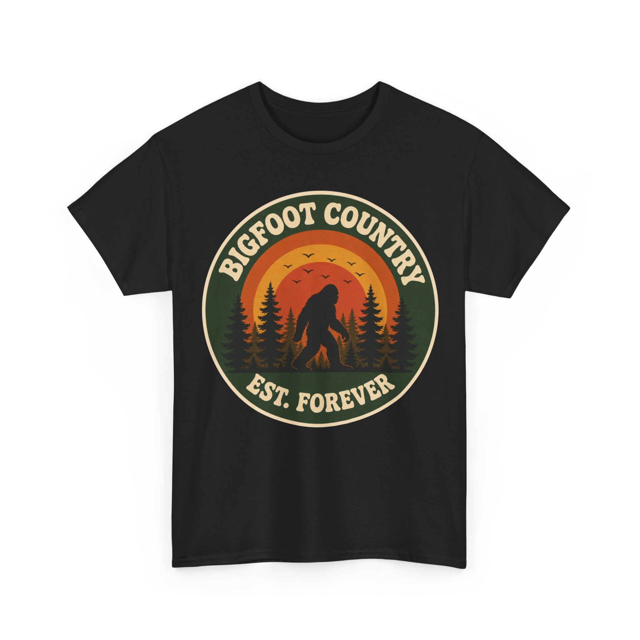 Bigfoot Country Sunset Badge T-Shirt – Retro Circular Graphic Tee