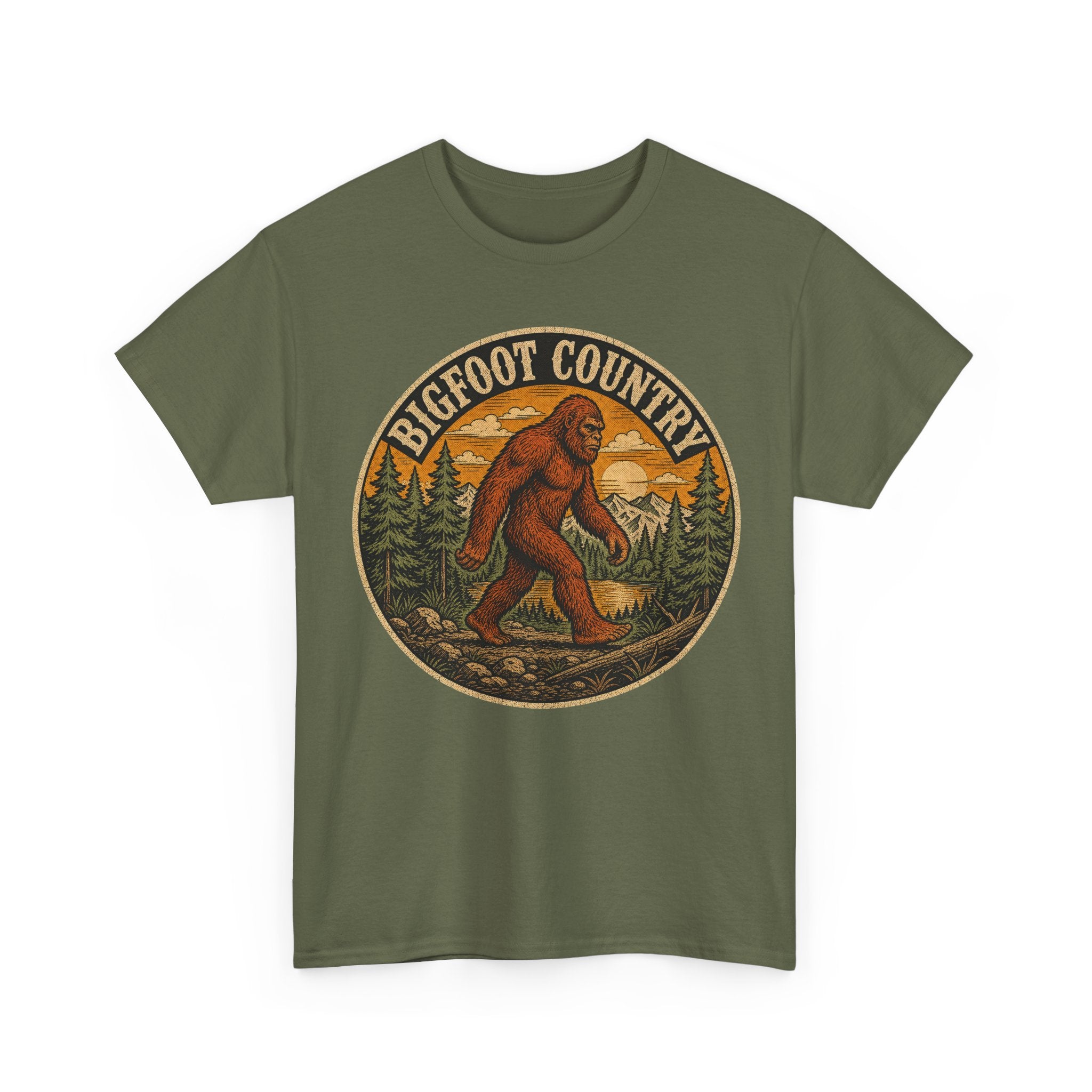 Bigfoot Country Vintage T-Shirt – Retro Sasquatch Forest Sunset Graphic Tee