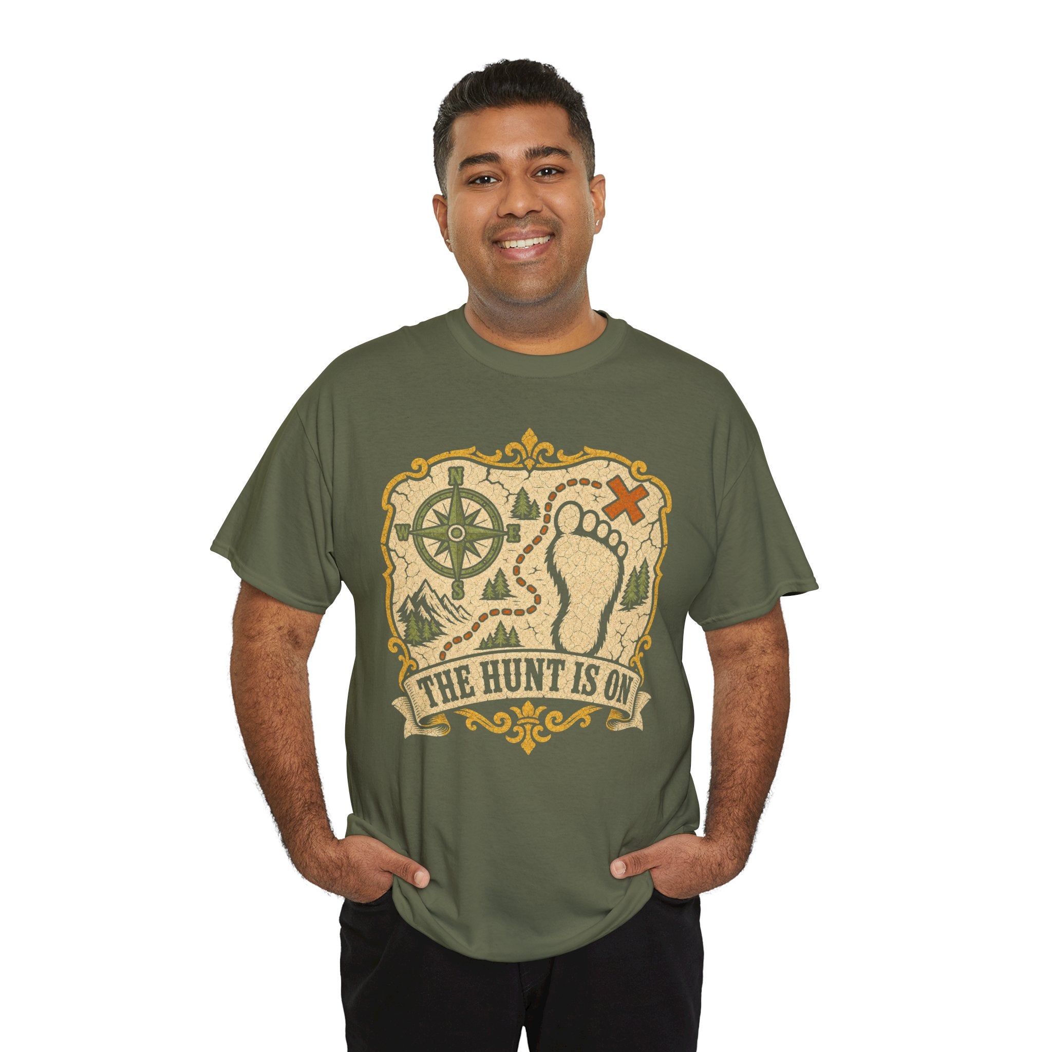The Hunt Is On T-Shirt – Vintage Bigfoot Footprint Treasure Map Graphic Tee