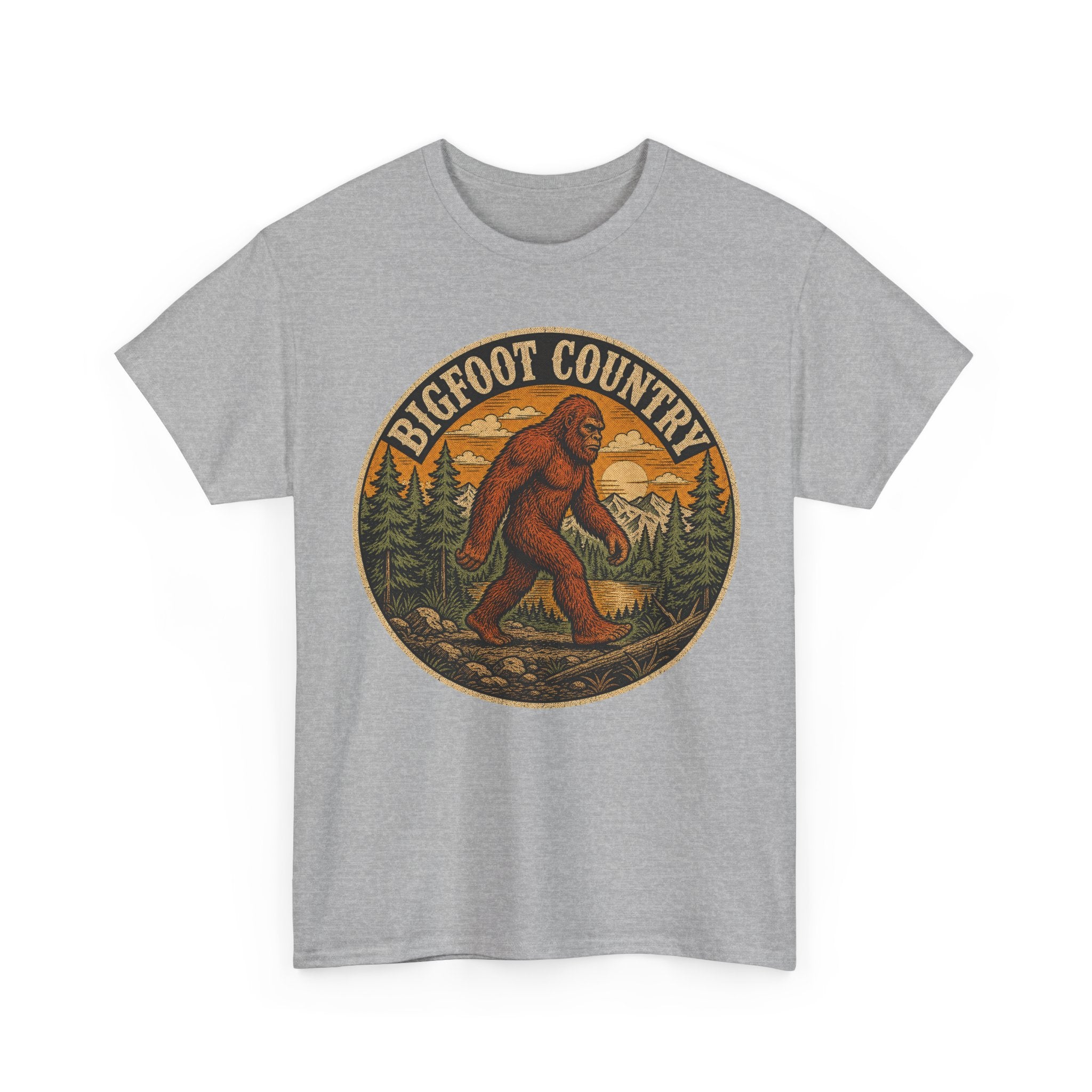 Bigfoot Country Vintage T-Shirt – Retro Sasquatch Forest Sunset Graphic Tee