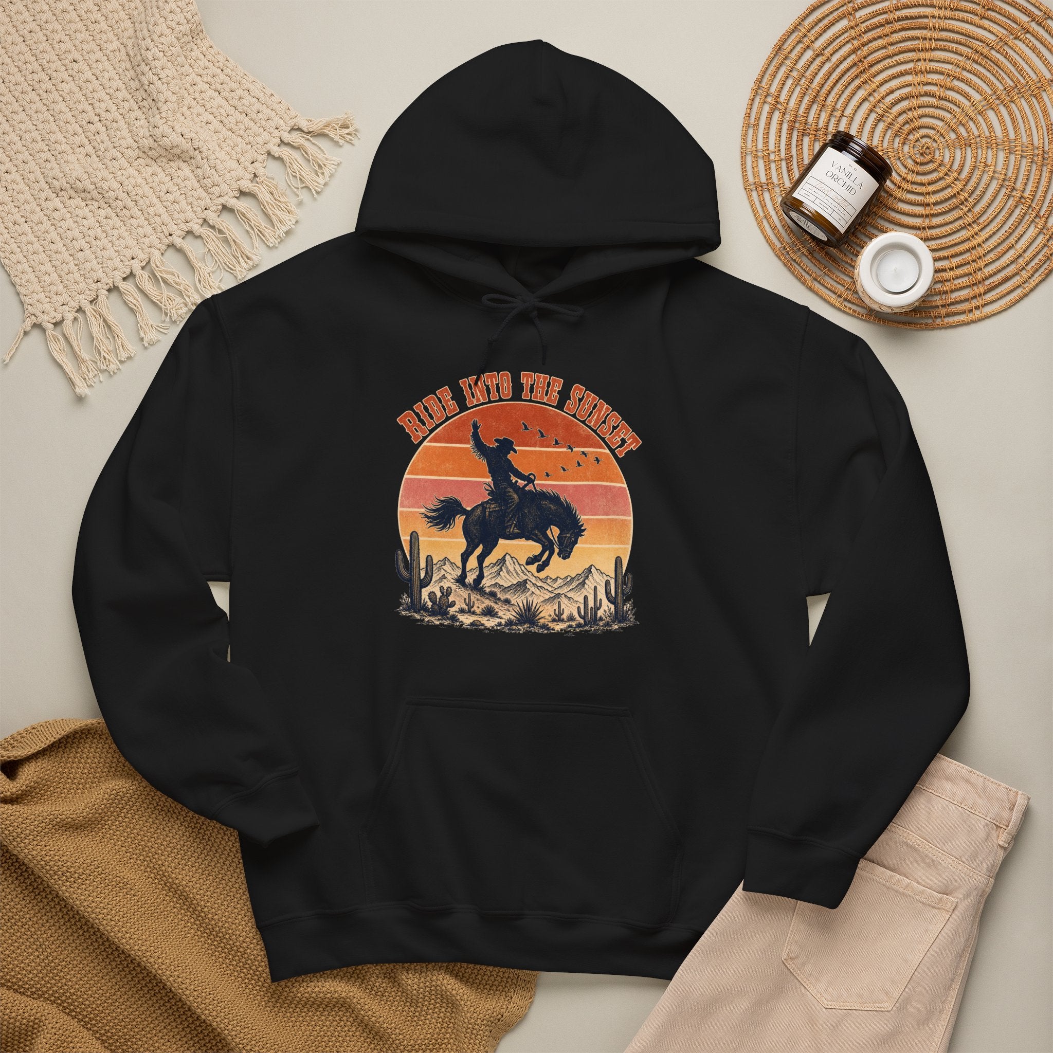 Bucking Bronco Rodeo Sunset Hoodie, Retro Western Cowboy Silhouette Pullover Sweatshirt, Unisex Fleece Hoodie