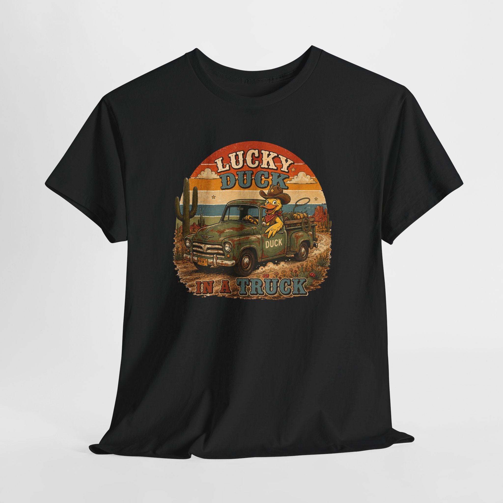 Lucky Duck Vintage Truck Tee — Retro Desert Road Trip Graphic T-Shirt