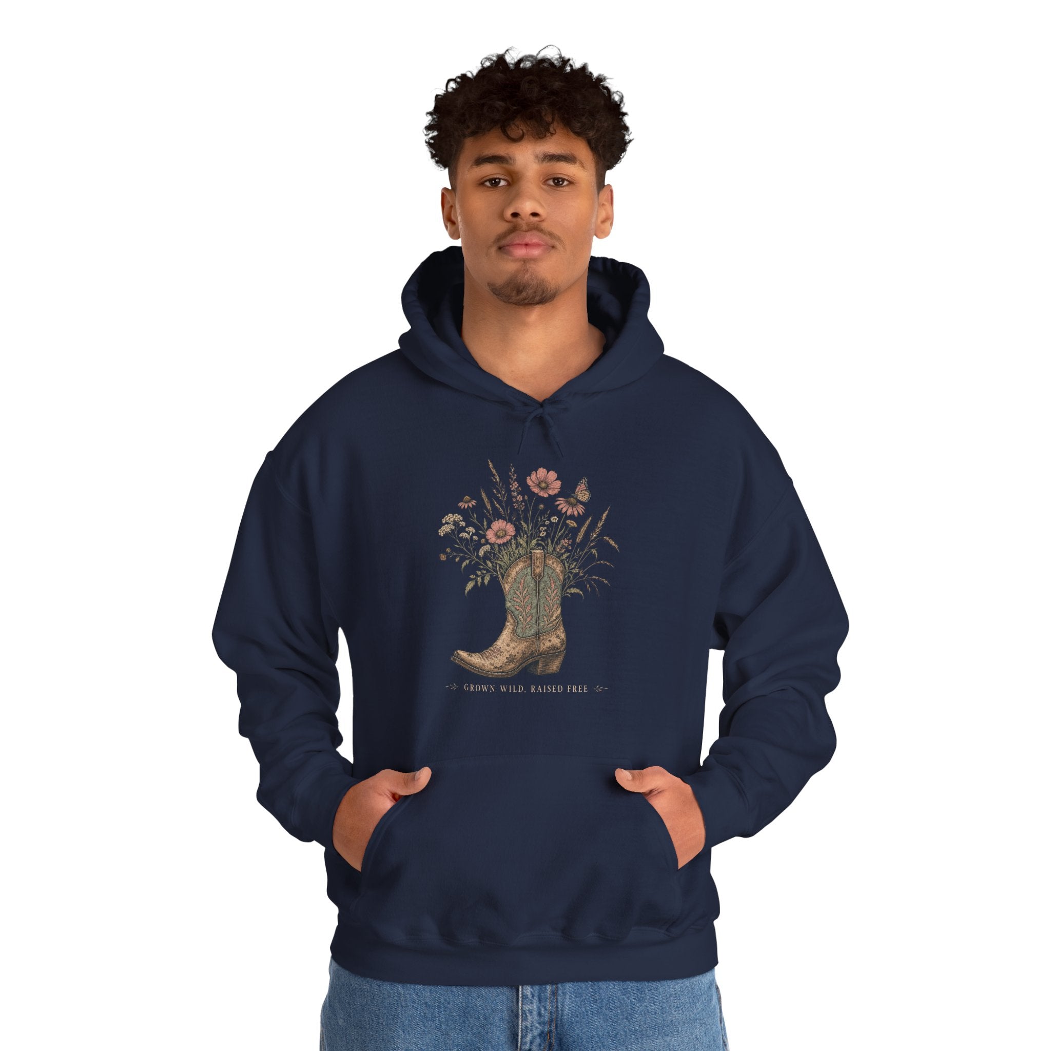 Grown Wild Cowboy Boot Wildflower Hoodie, Botanical Western Pullover Sweatshirt, Cowgirl Fleece Hoodie