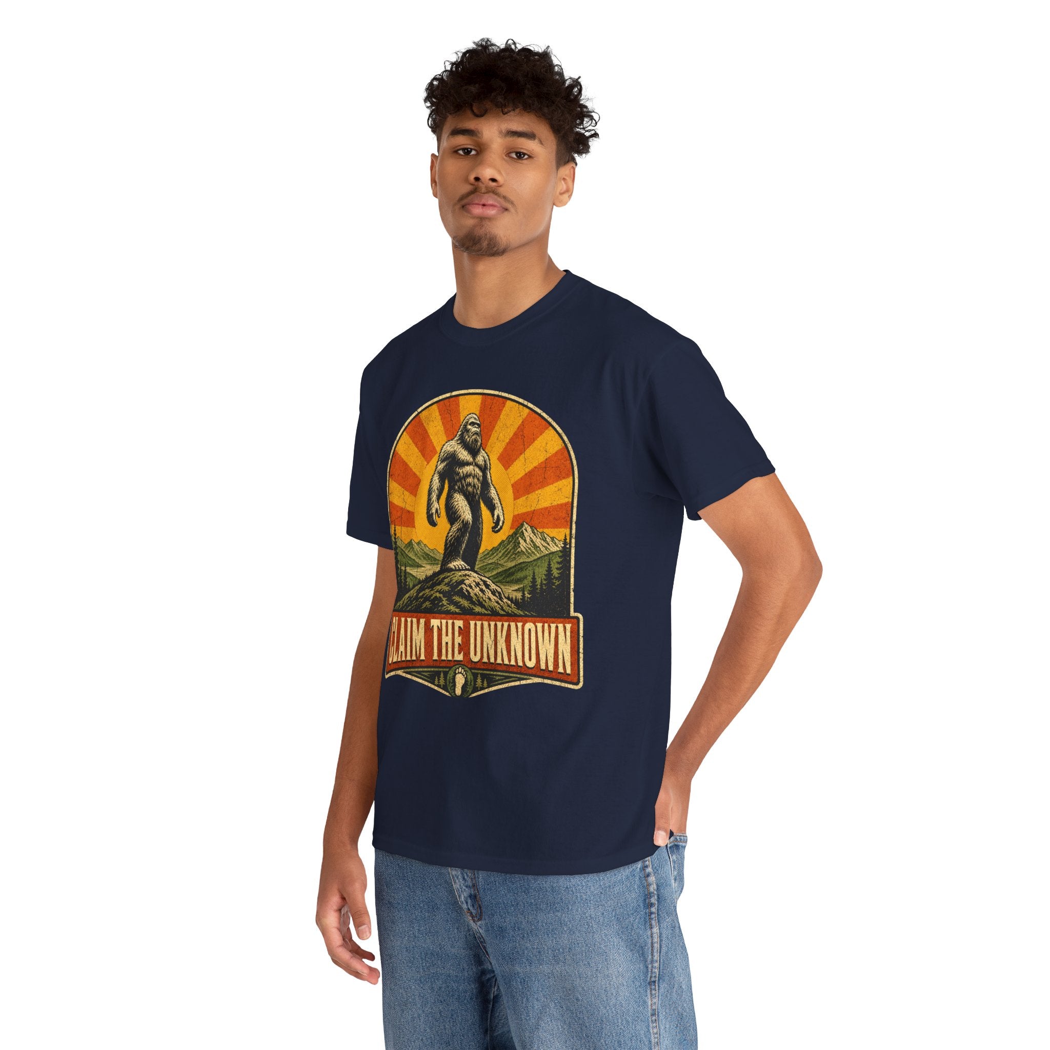 Claim The Unknown T-Shirt – Retro Bigfoot Sunburst Travel Poster Tee