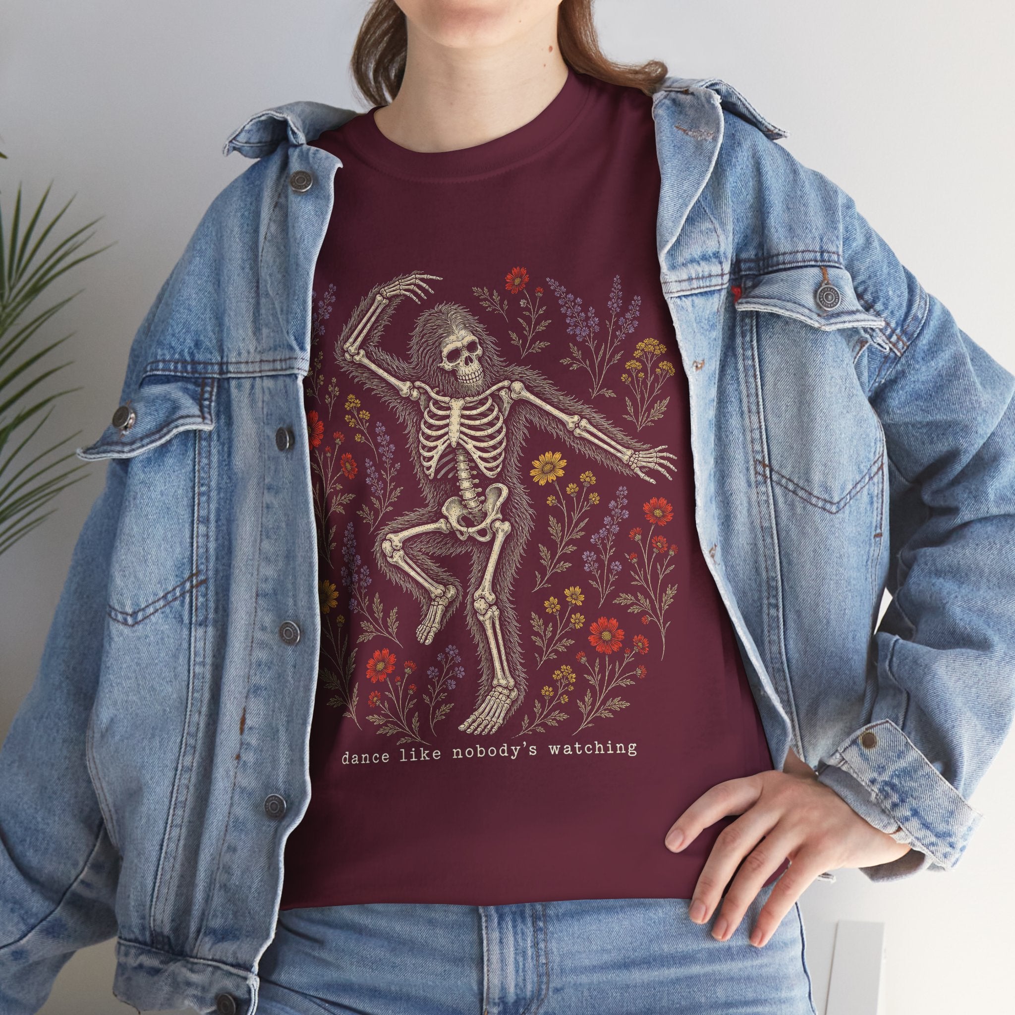 Dancing Bigfoot Skeleton T-Shirt – Whimsical Wildflower Graphic Tee