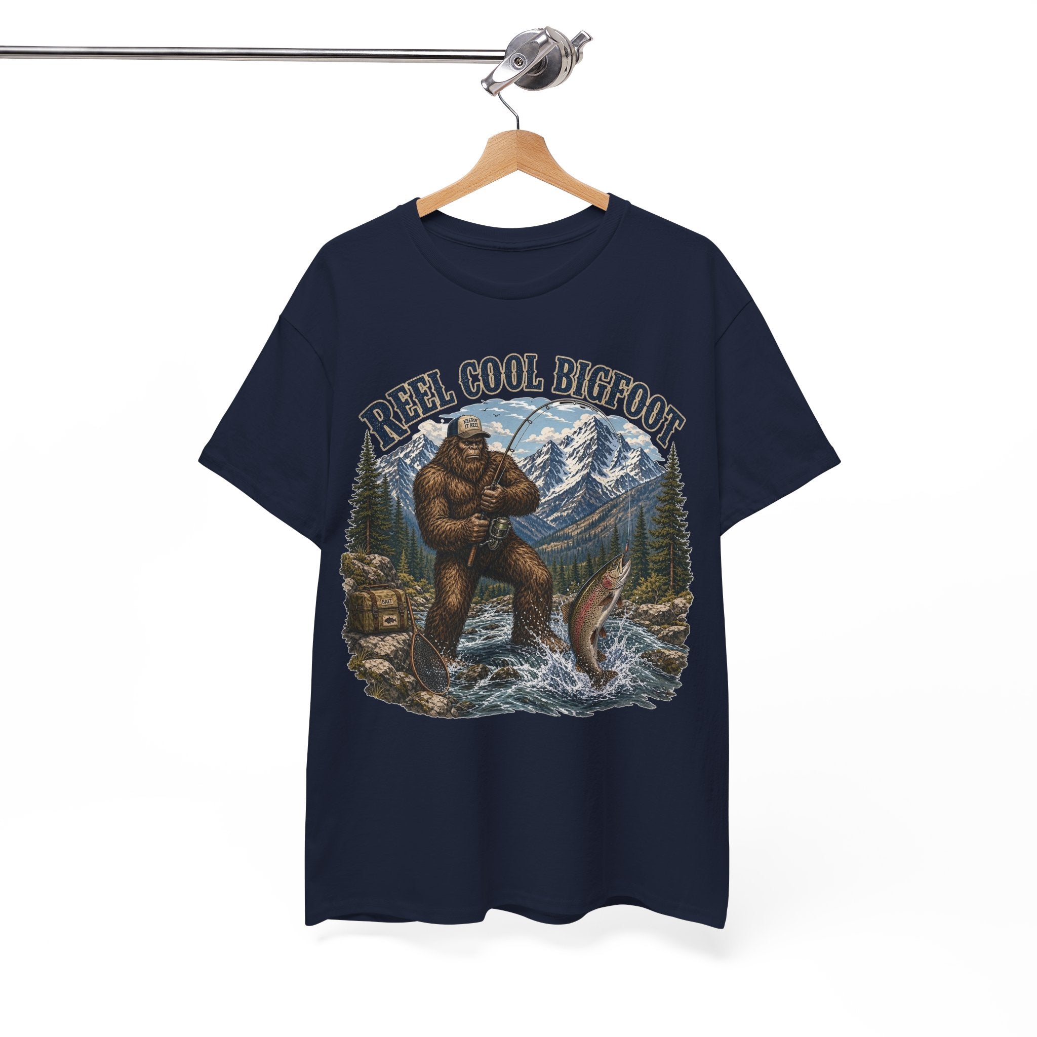 Reel Cool Bigfoot T-Shirt – Funny Fishing Mountain Graphic Tee