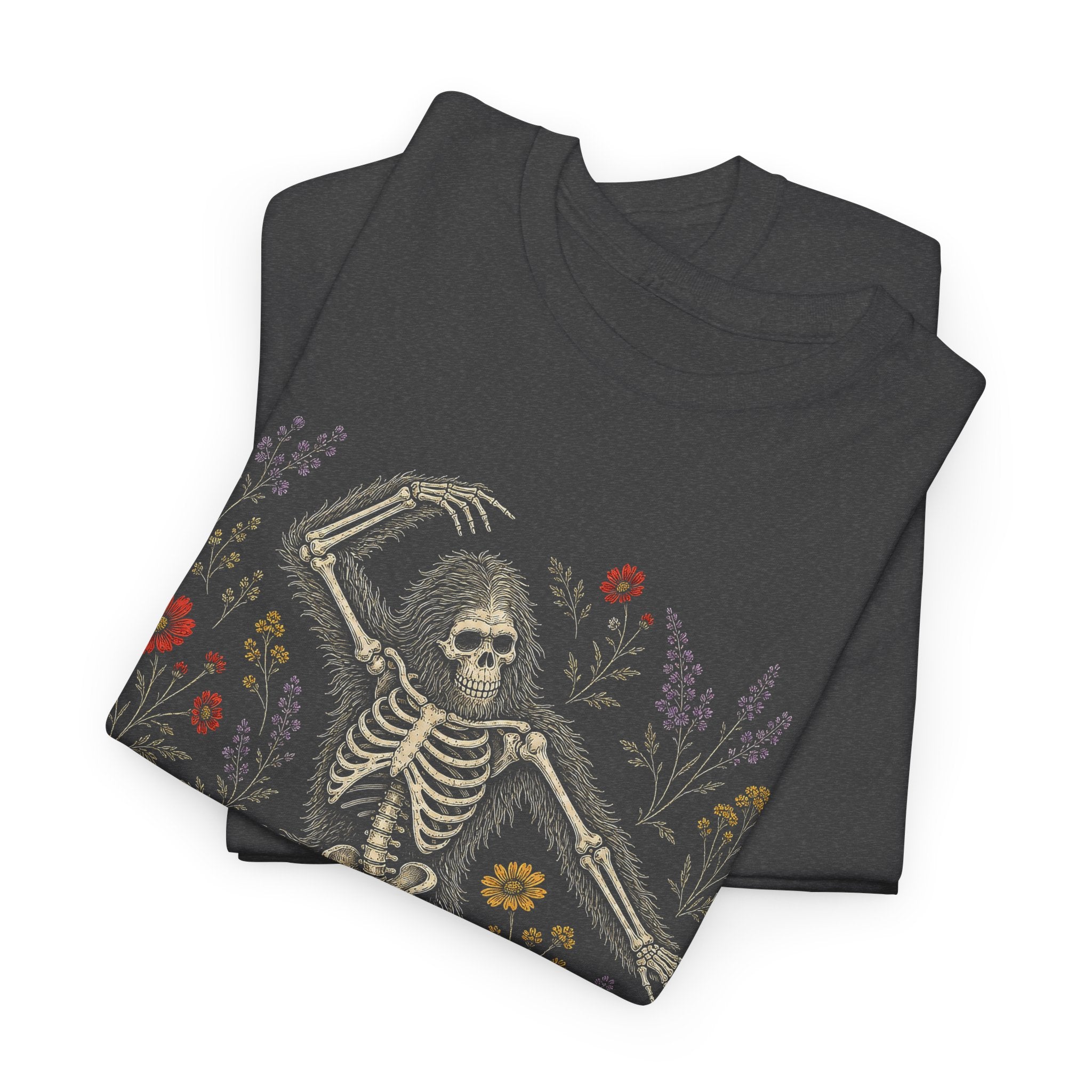 Dancing Bigfoot Skeleton T-Shirt – Whimsical Wildflower Graphic Tee