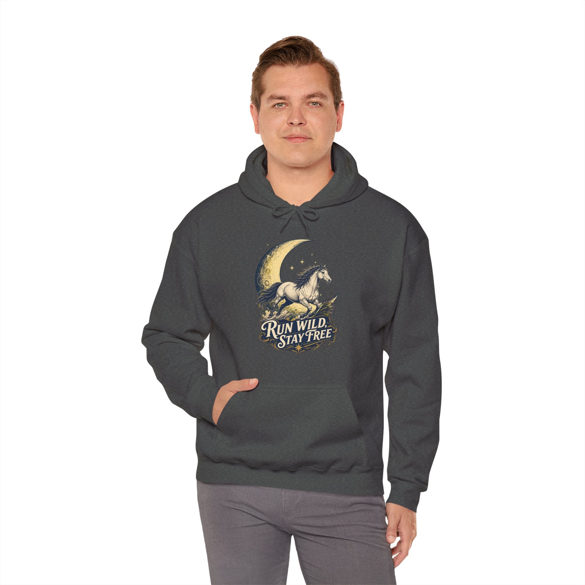 Run Wild Stay Free Mustang Moon Hoodie, Minimalist Western Horse Pullover Sweatshirt, Unisex Fleece Hoodie