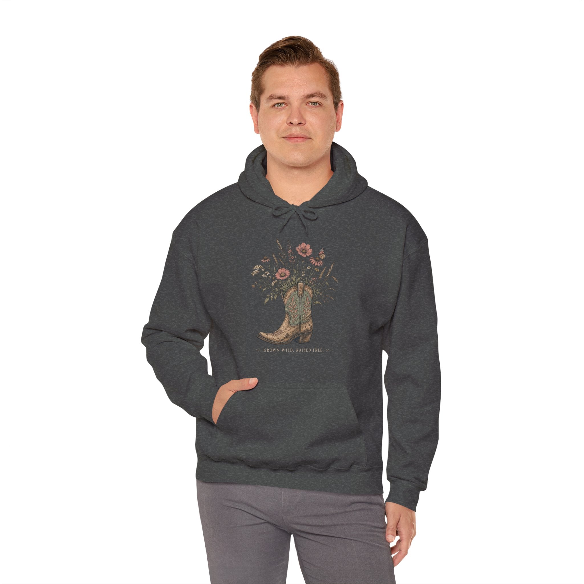 Grown Wild Cowboy Boot Wildflower Hoodie, Botanical Western Pullover Sweatshirt, Cowgirl Fleece Hoodie