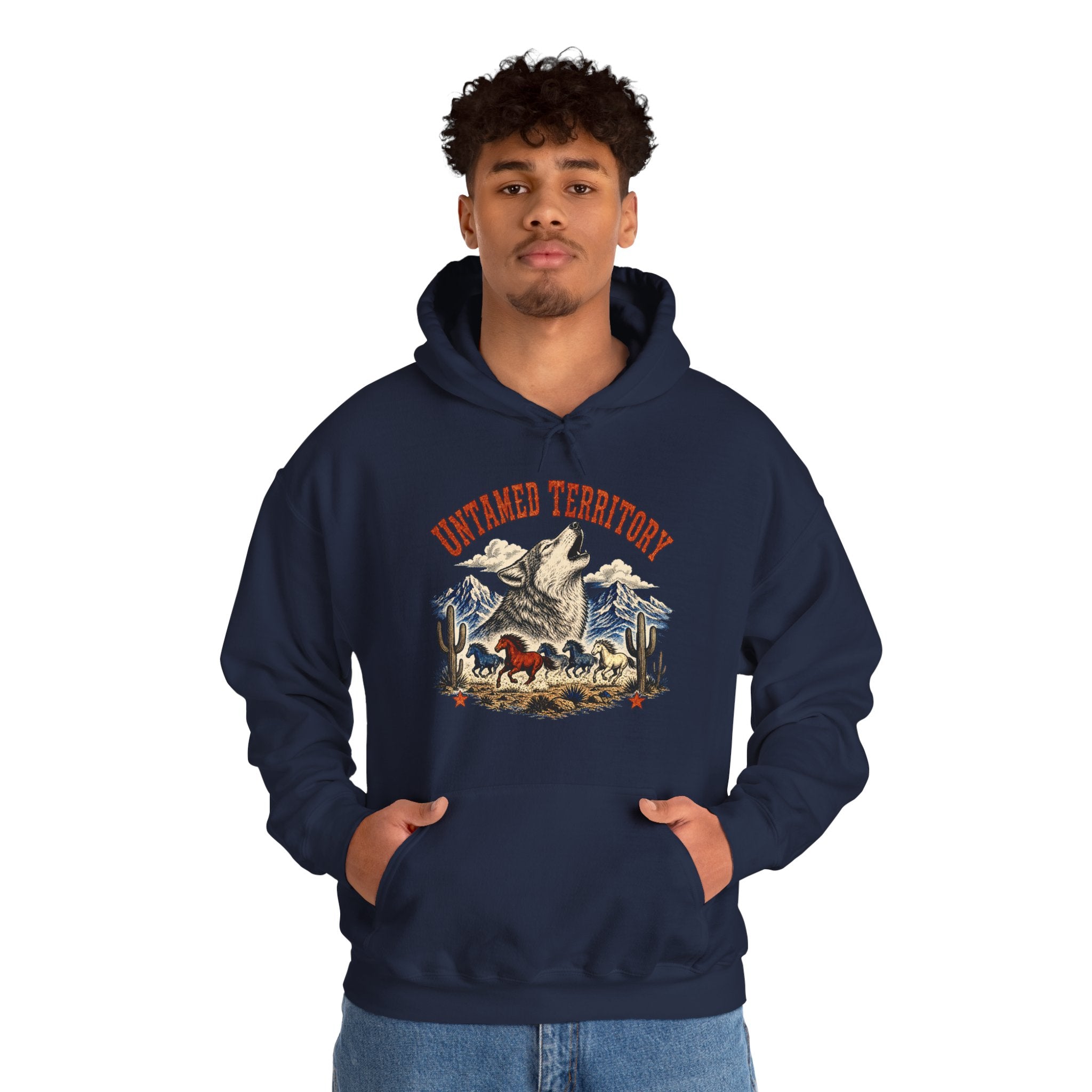 Untamed Territory Wolf Badge Hoodie, Western Frontier Wildlife Pullover Sweatshirt, Unisex Fleece Hoodie