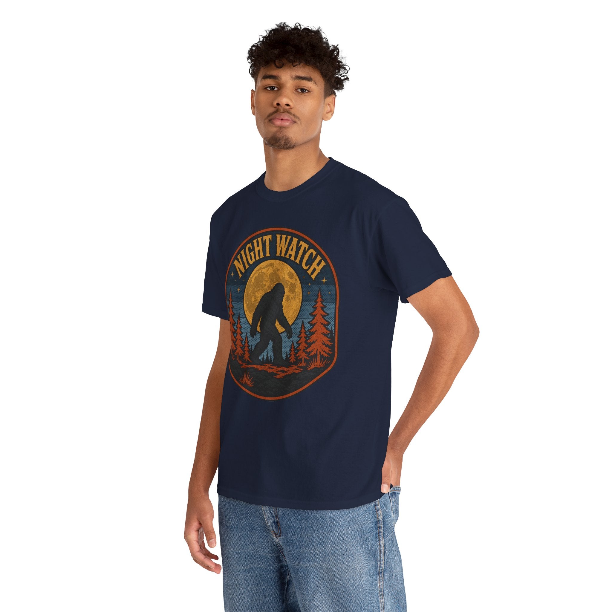 Sasquatch Night Watch T-Shirt – Retro Bigfoot Full Moon Badge Graphic Tee