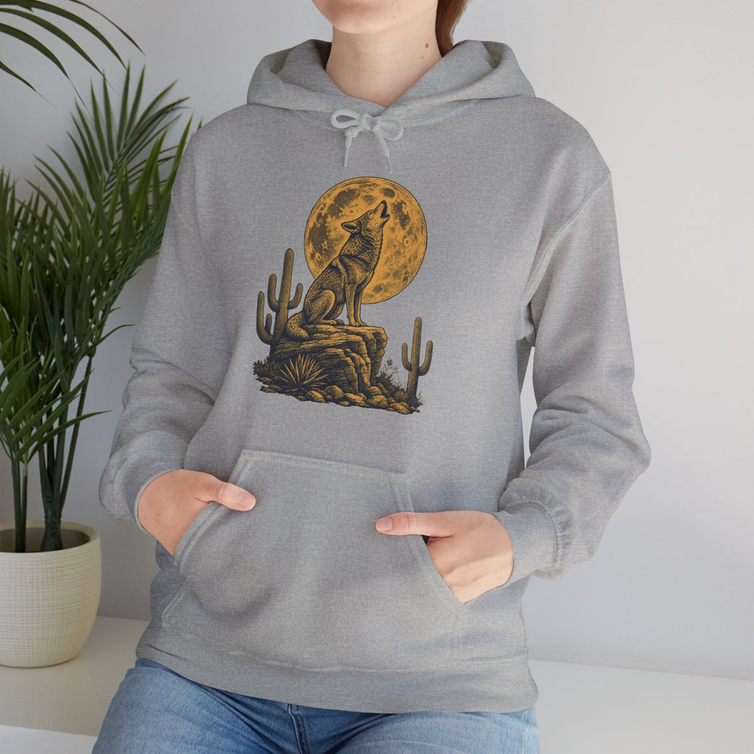 Howling Coyote Moon Hoodie, Vintage Western Desert Night Graphic Pullover Sweatshirt, Unisex Fleece Hoodie