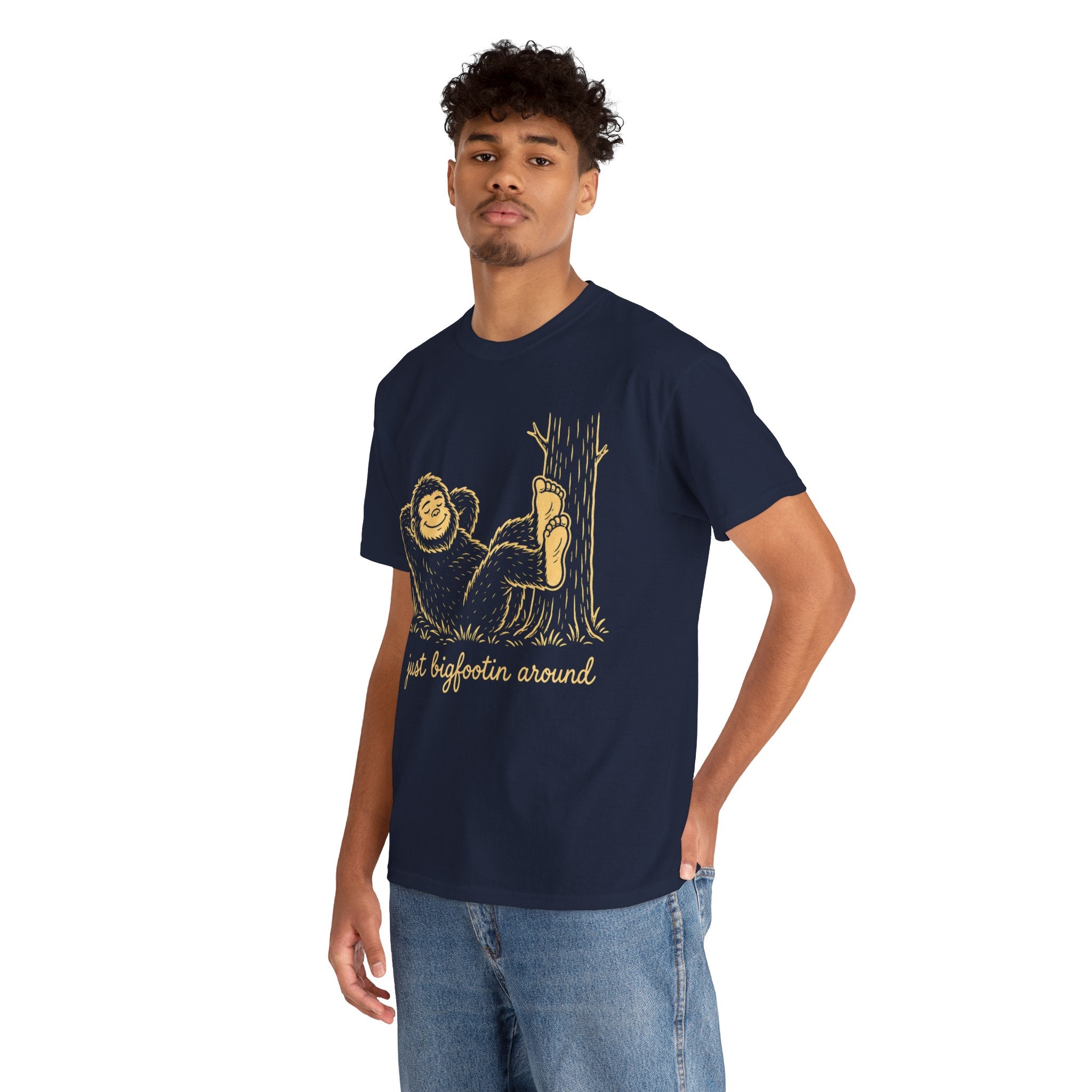 Just Bigfootin Around T-Shirt – Cute Cozy Pocket Print Graphic Tee