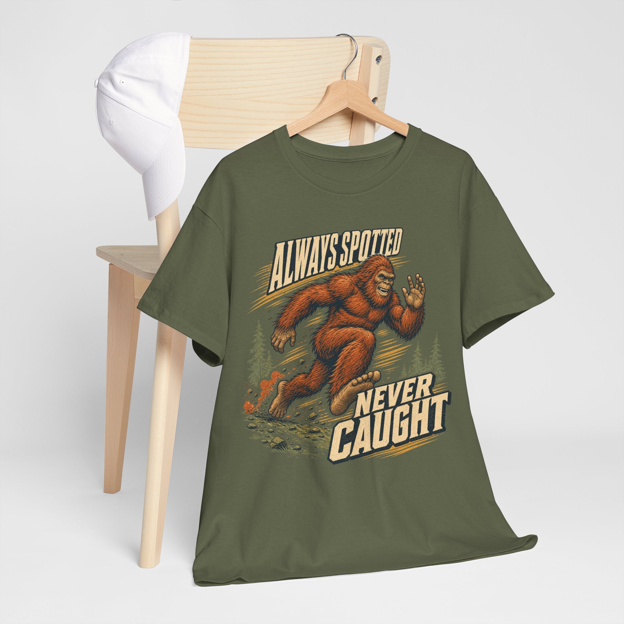 Funny Bigfoot Running T-Shirt – Always Spotted Never Caught Trail Graphic Tee