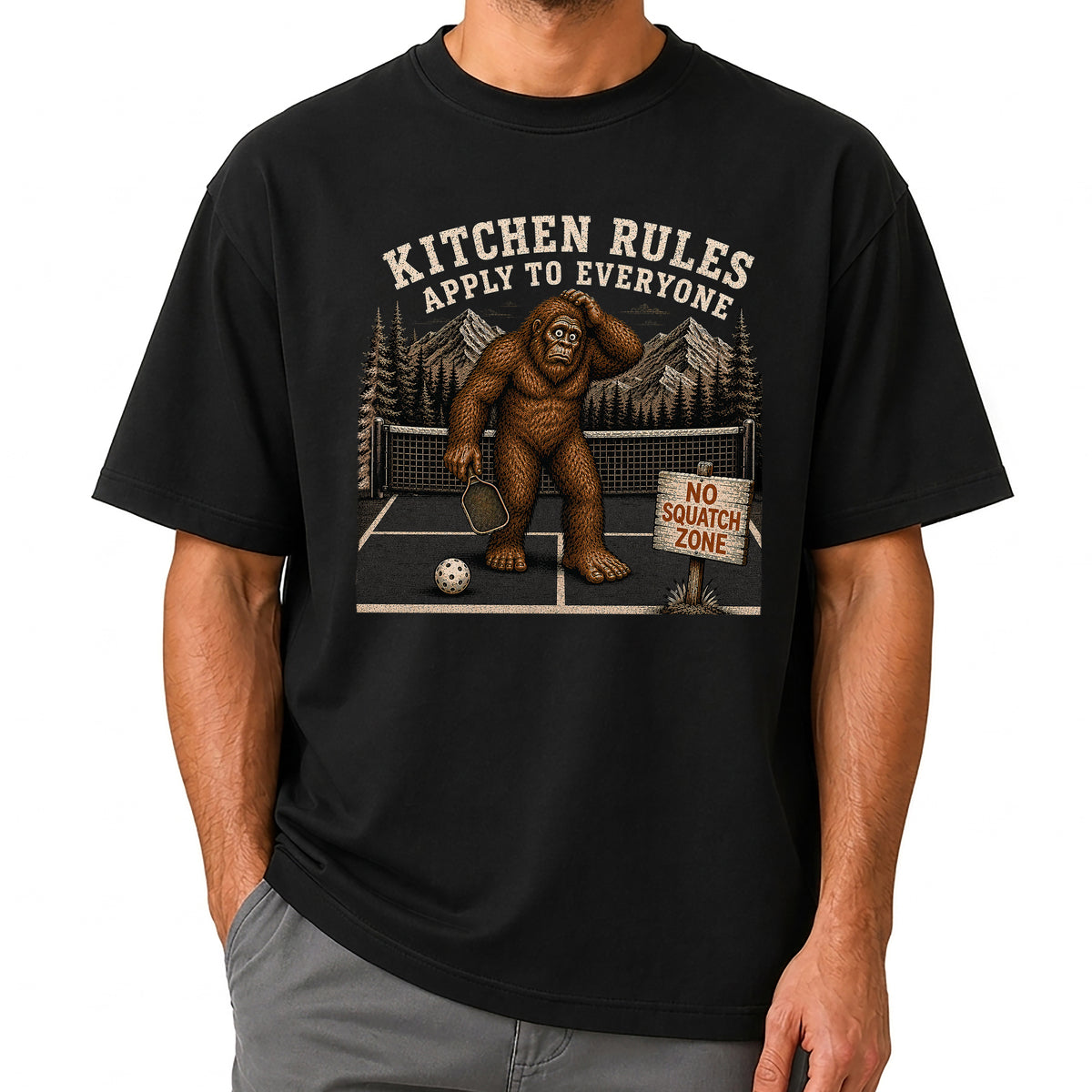 Kitchen Rules Apply to Everyone Bigfoot Pickleball T-Shirt