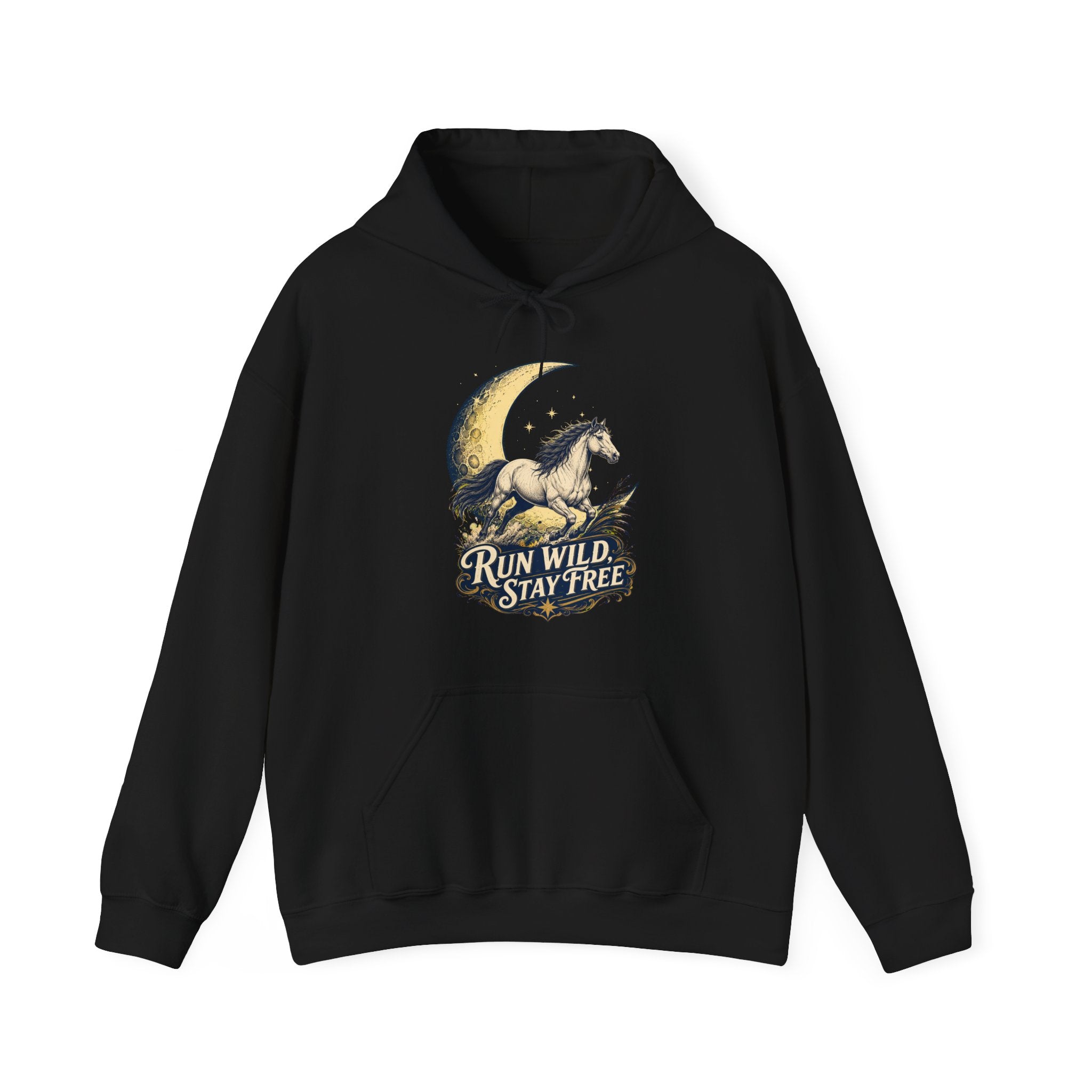 Run Wild Stay Free Mustang Moon Hoodie, Minimalist Western Horse Pullover Sweatshirt, Unisex Fleece Hoodie
