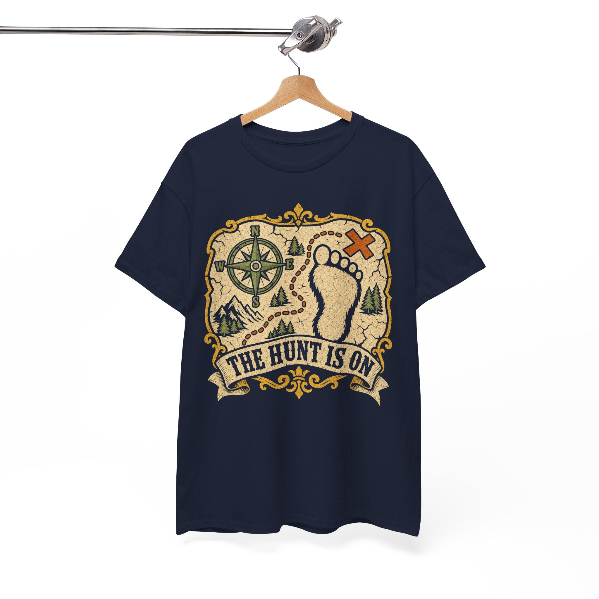 The Hunt Is On T-Shirt – Vintage Bigfoot Footprint Treasure Map Graphic Tee