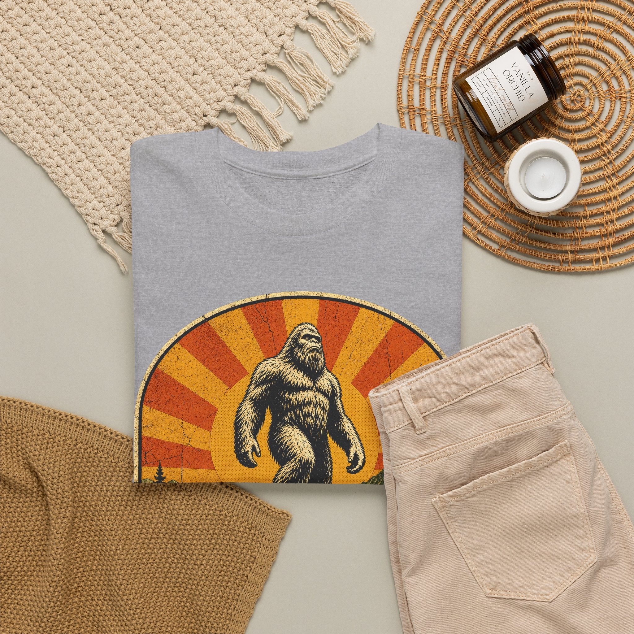 Claim The Unknown T-Shirt – Retro Bigfoot Sunburst Travel Poster Tee