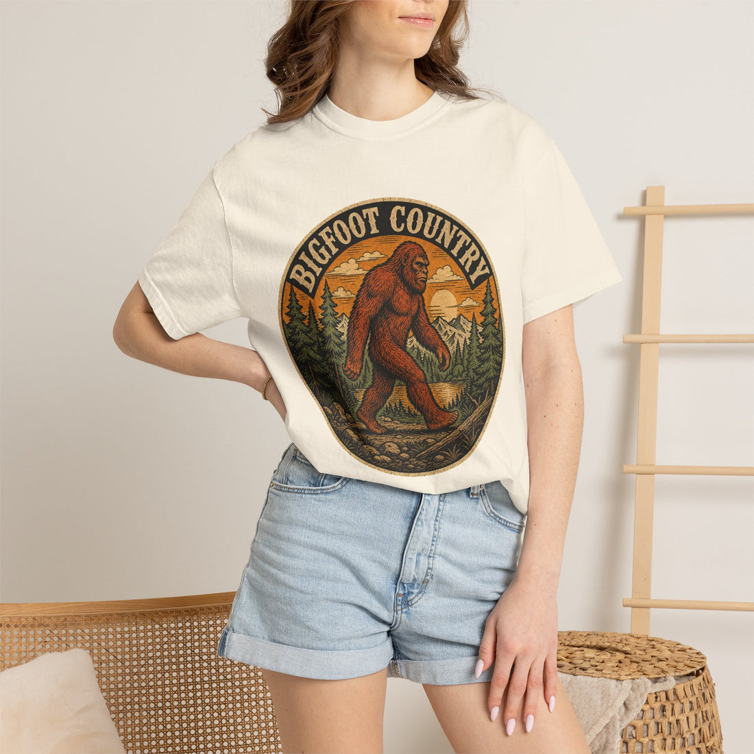 Bigfoot Country Vintage T-Shirt – Retro Sasquatch Forest Sunset Graphic Tee