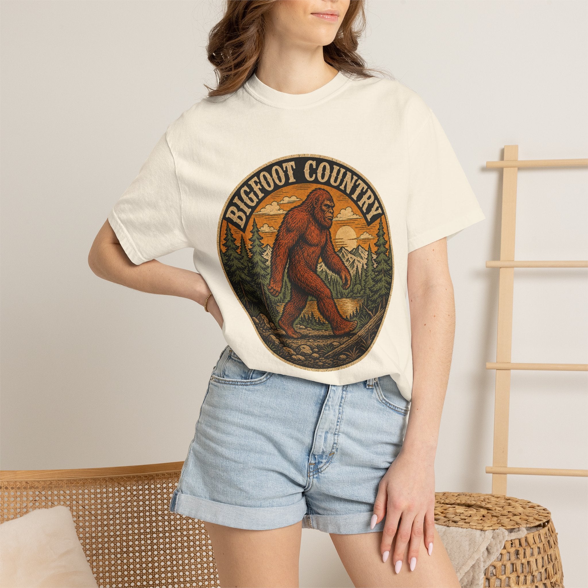 Bigfoot Country Vintage T-Shirt – Retro Sasquatch Forest Sunset Graphic Tee