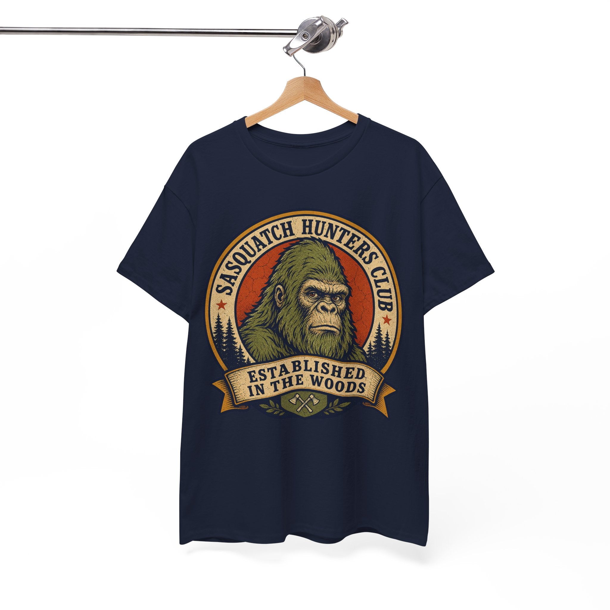 Sasquatch Hunters Club T-Shirt – Retro Bigfoot Emblem Badge Graphic Tee
