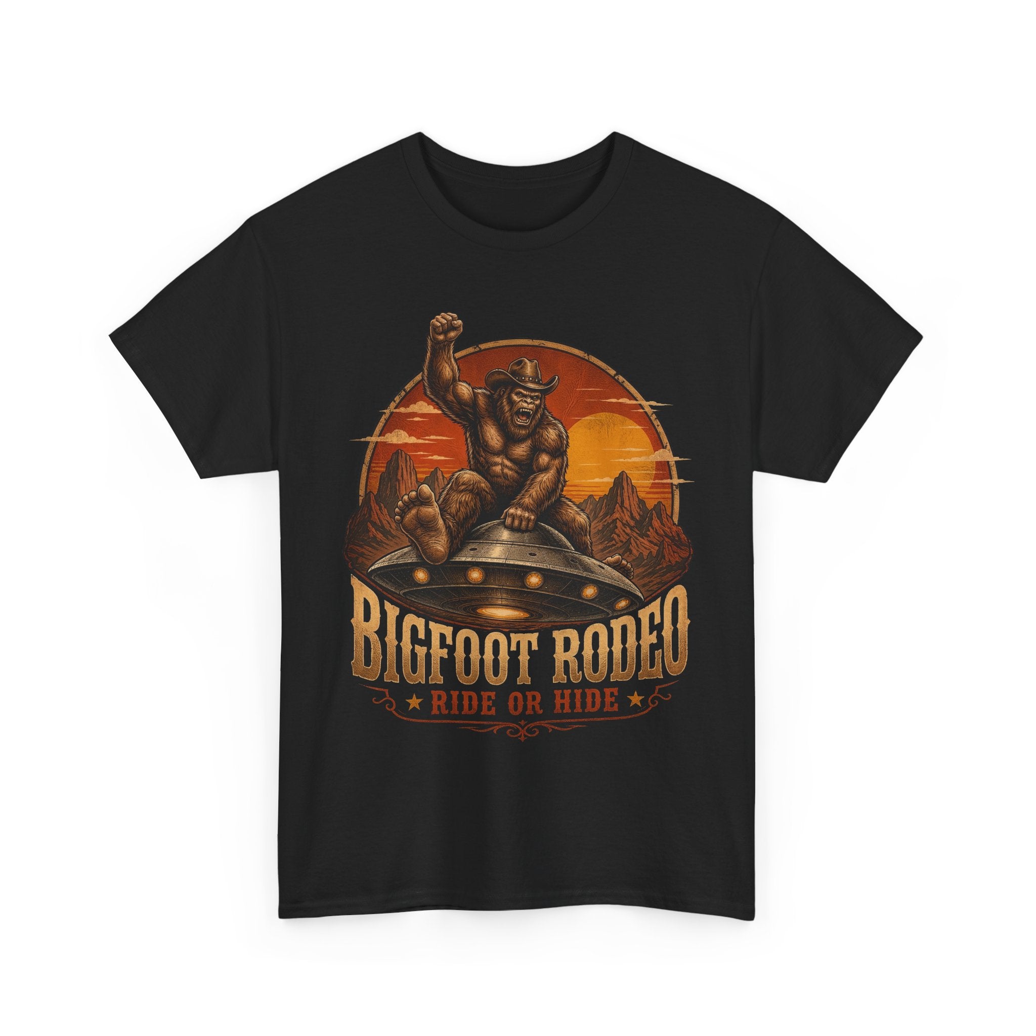 Bigfoot Rodeo T-Shirt – Funny Cowboy UFO Desert Graphic Tee