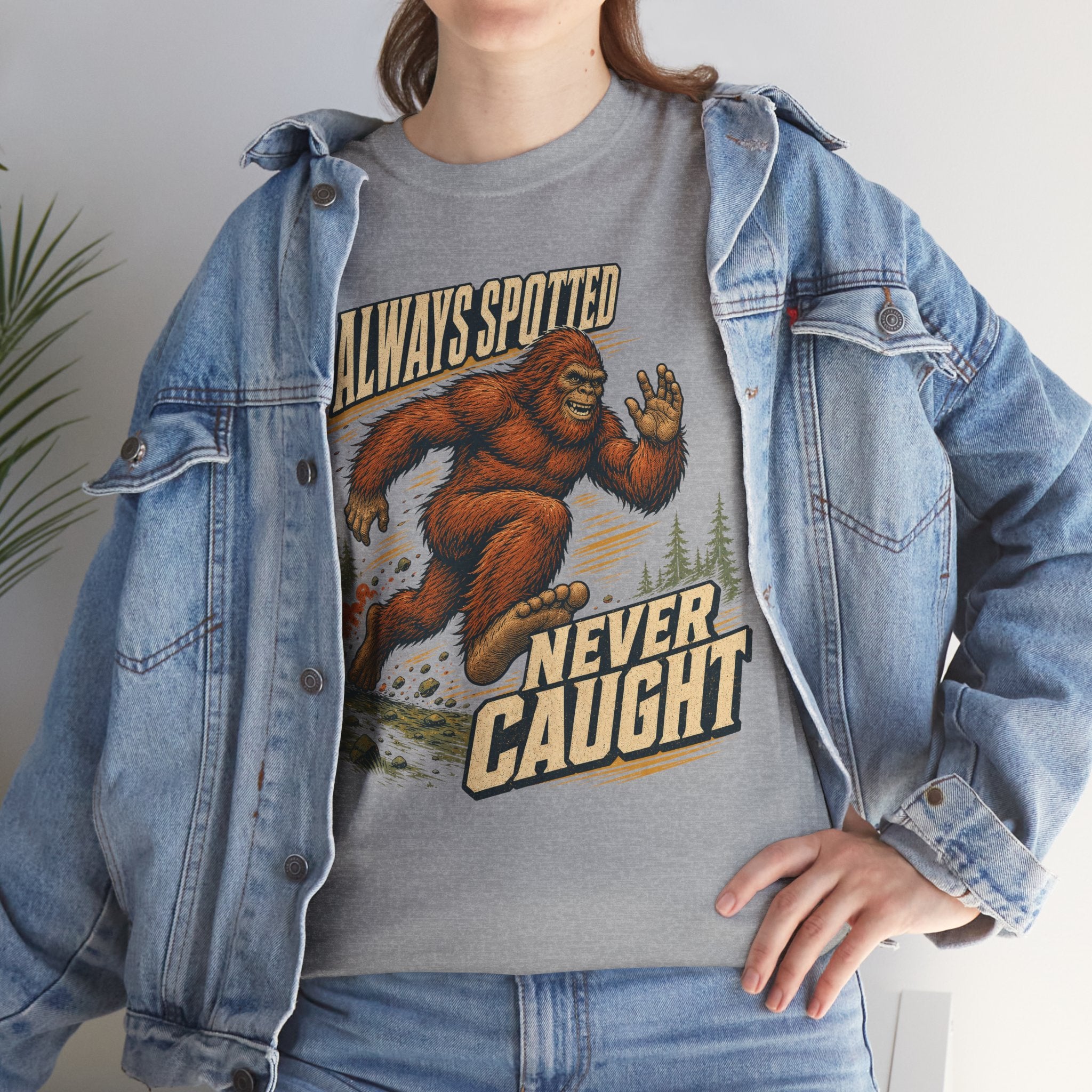 Funny Bigfoot Running T-Shirt – Always Spotted Never Caught Trail Graphic Tee