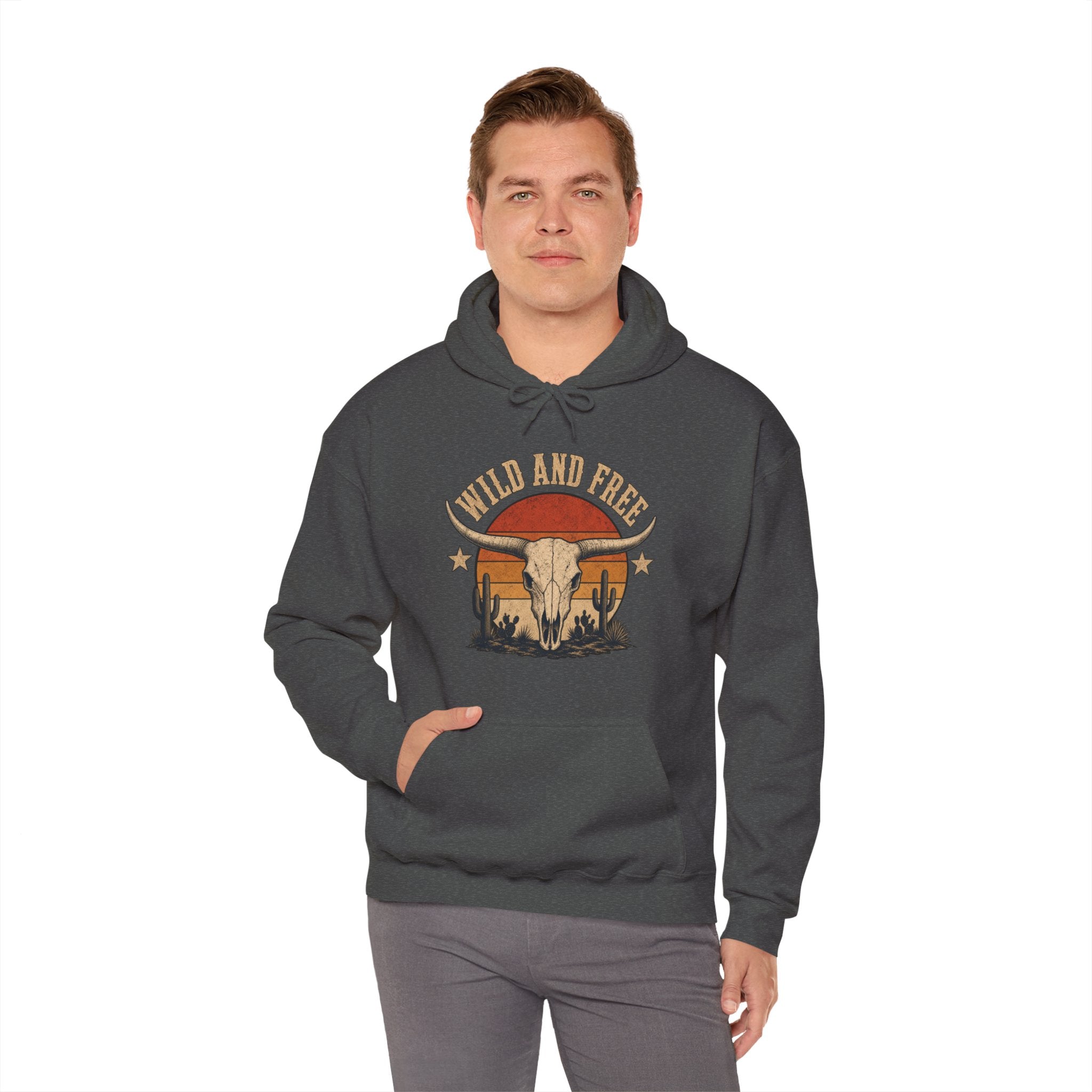 Cowboy Skull Sunset Badge T-Shirt, Vintage Western Longhorn Retro Emblem Graphic Tee, Distressed Southwestern Desert Shirt
