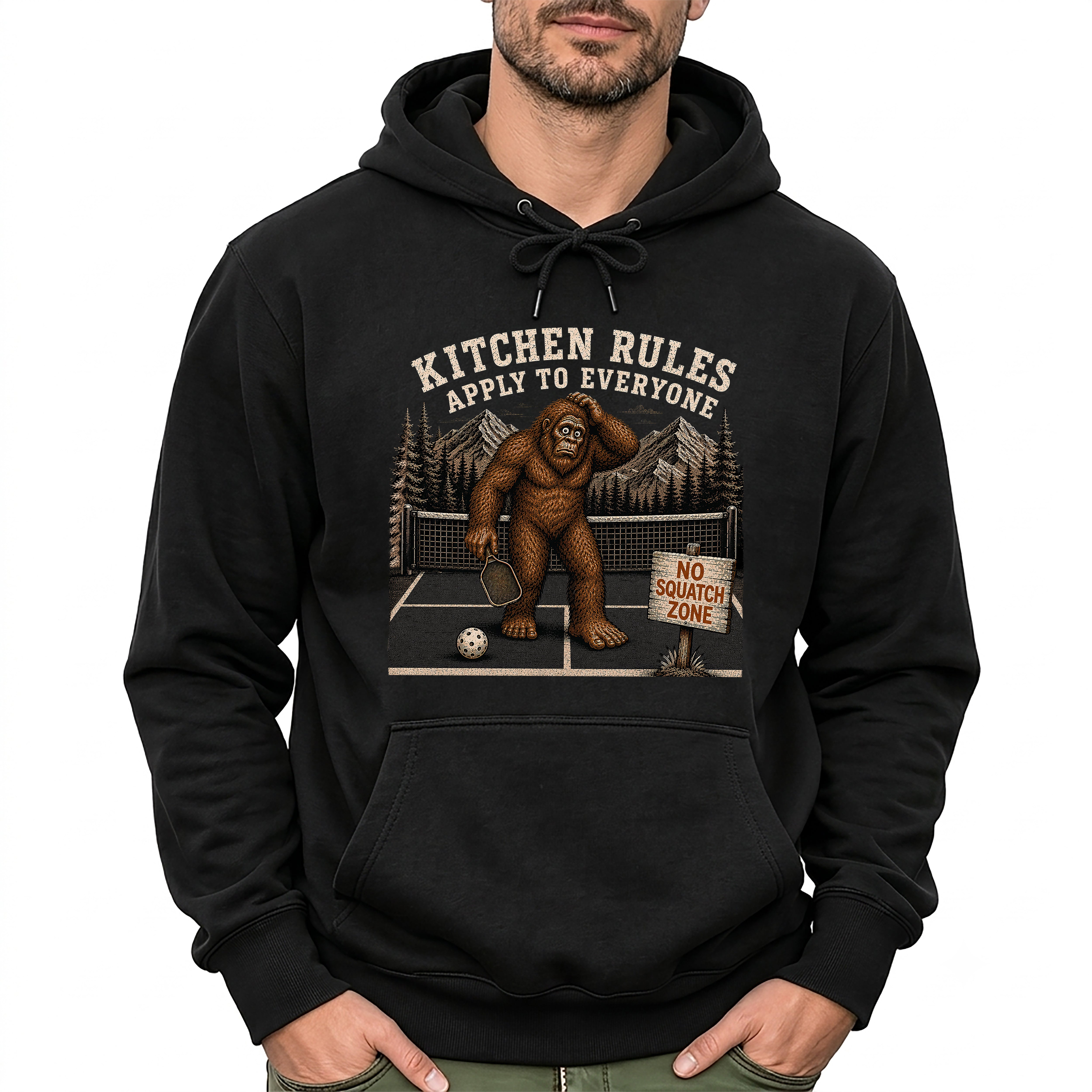 Kitchen Rules Apply to Everyone Bigfoot Pickleball Hoodie