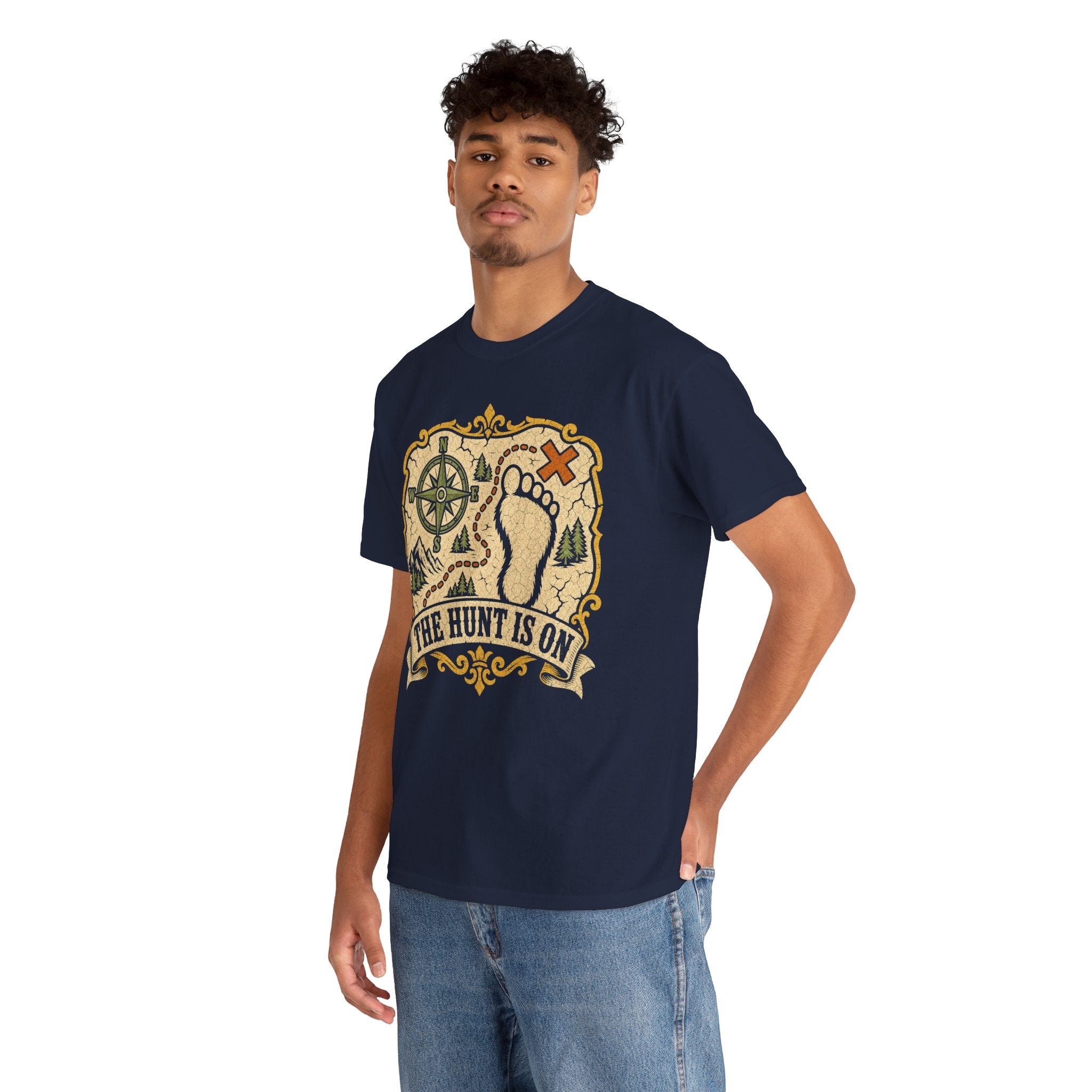 The Hunt Is On T-Shirt – Vintage Bigfoot Footprint Treasure Map Graphic Tee