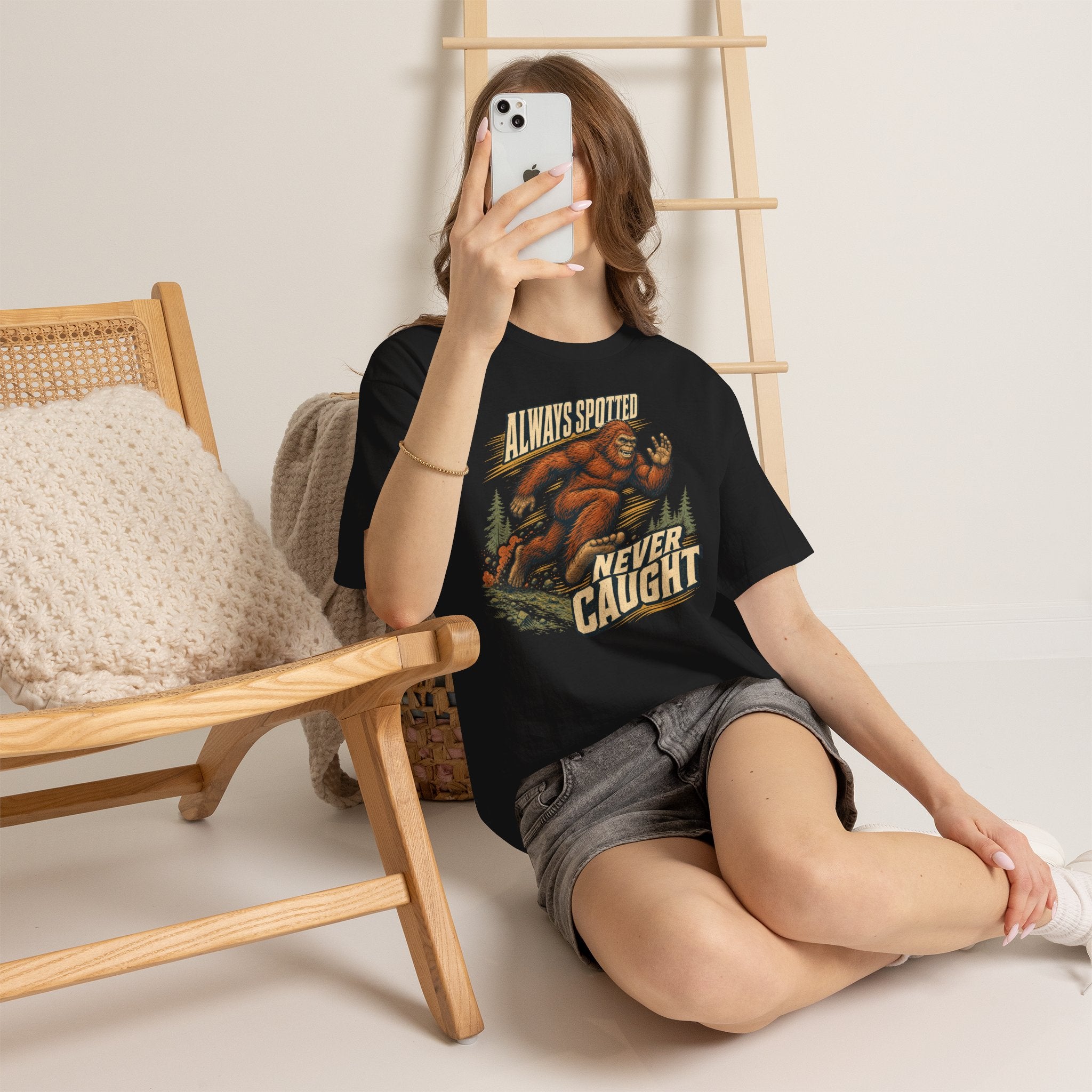 Funny Bigfoot Running T-Shirt – Always Spotted Never Caught Trail Graphic Tee